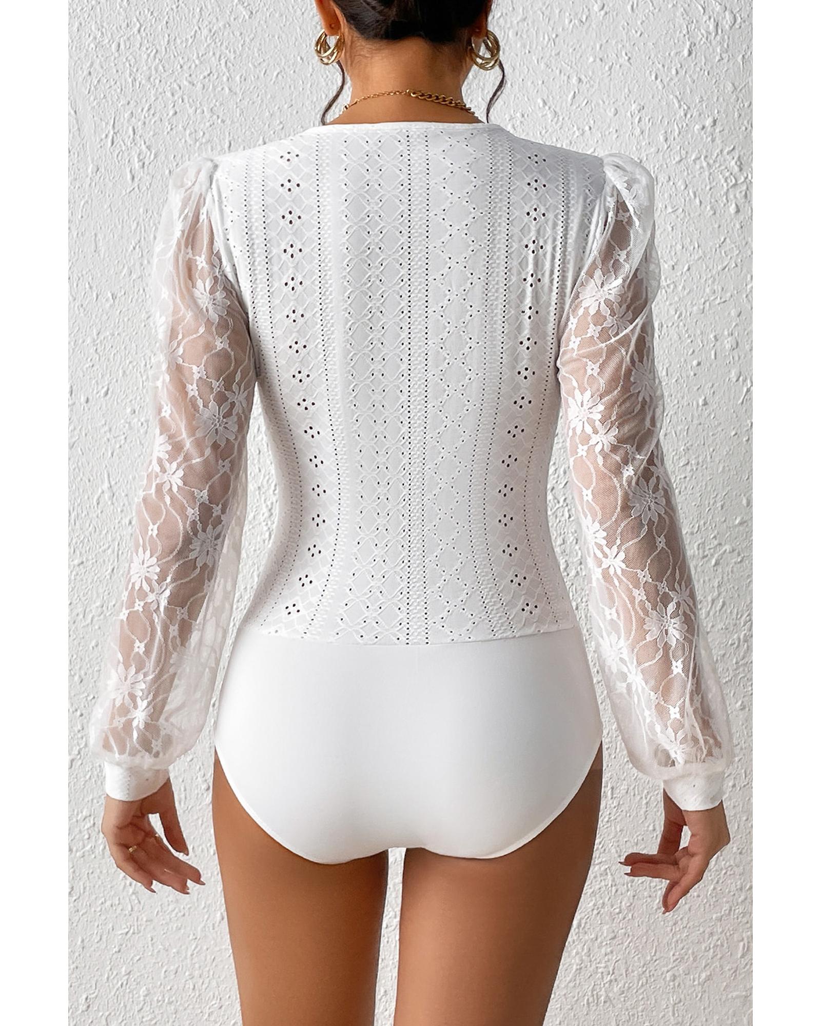 White Frenchy Contrast Lace Bishop Sleeve Bodysuit - M 4