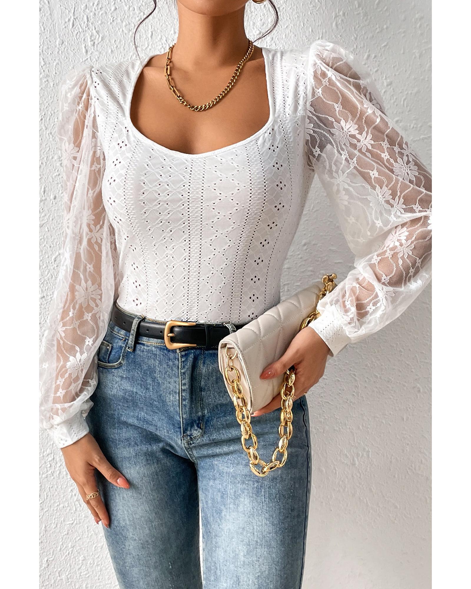 White Frenchy Contrast Lace Bishop Sleeve Bodysuit - M 5