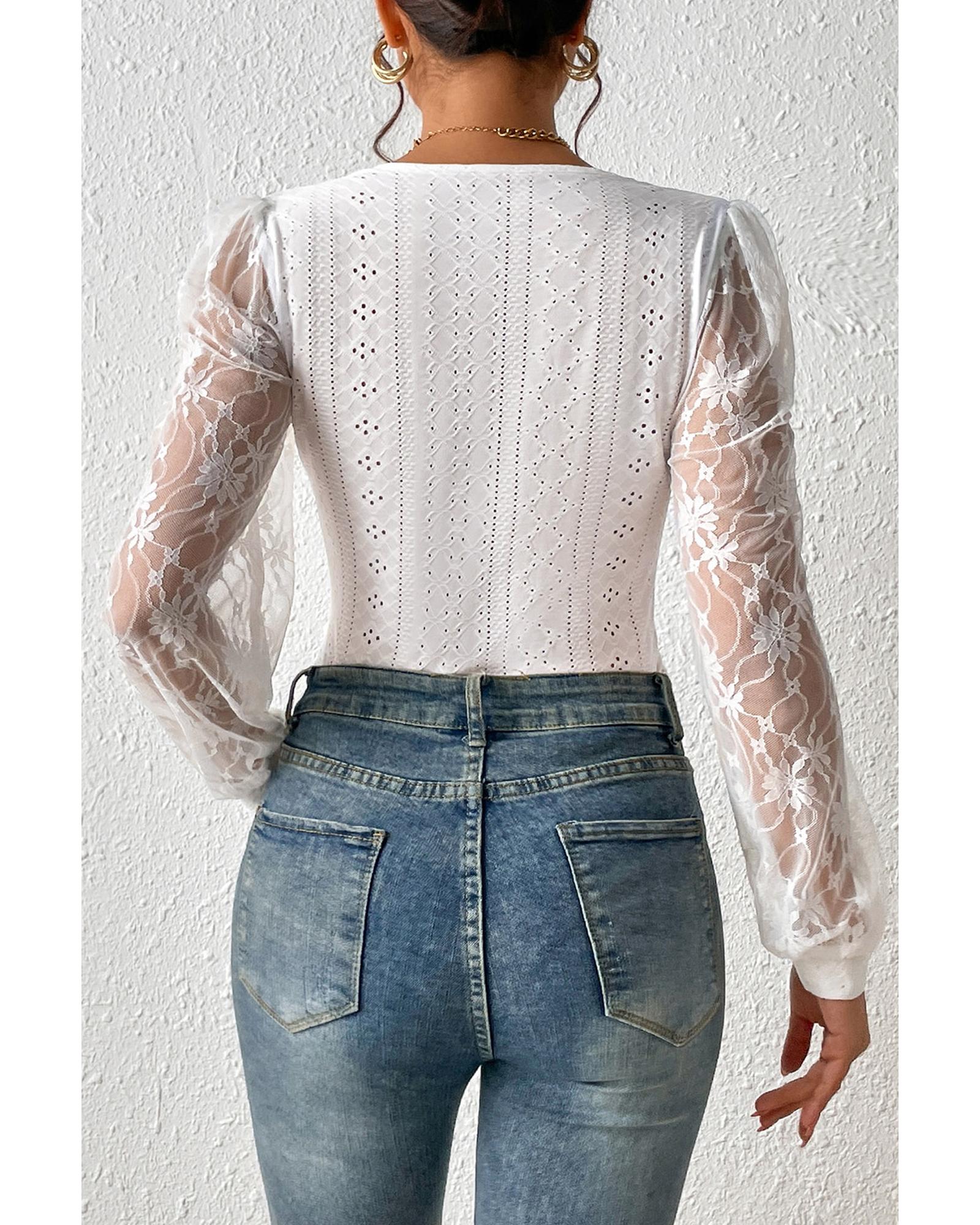 White Frenchy Contrast Lace Bishop Sleeve Bodysuit - M 7