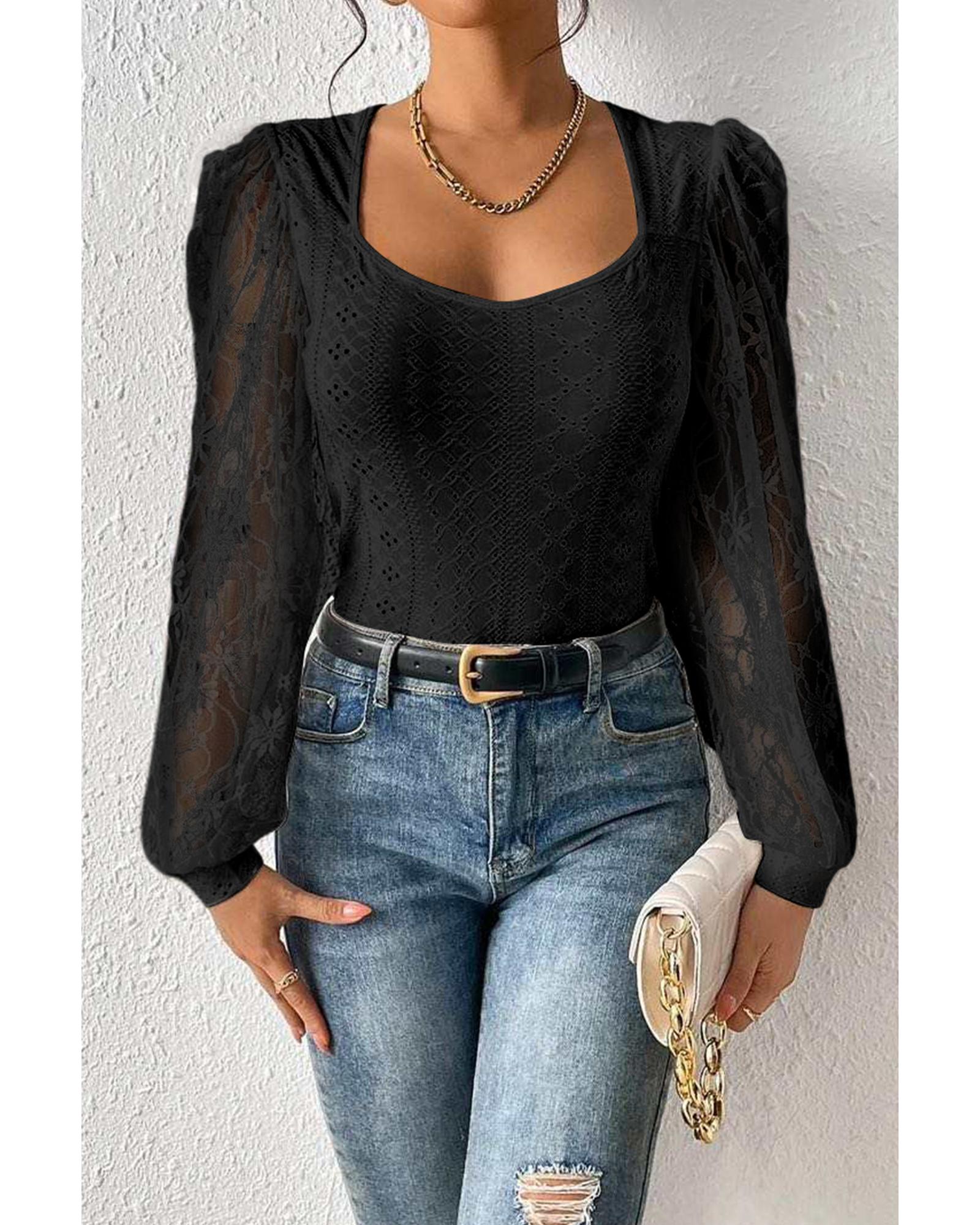 Black Frenchy Contrast Lace Bishop Sleeve Bodysuit - M