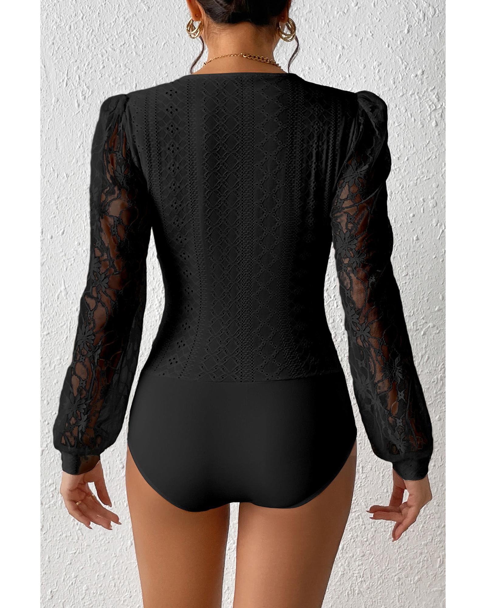 Black Frenchy Contrast Lace Bishop Sleeve Bodysuit - M