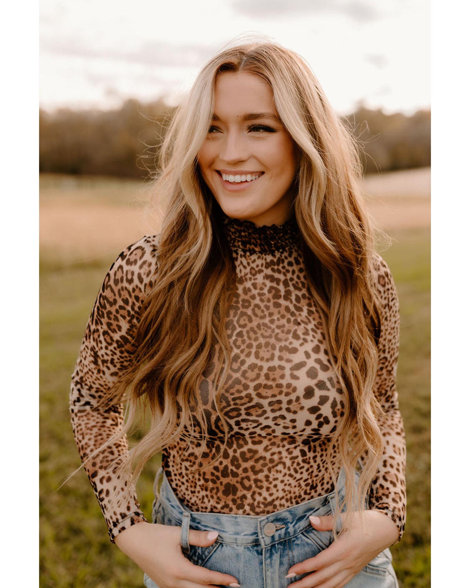 Brown Leopard Smocked Neck Mesh Long Sleeve Bodysuit - L