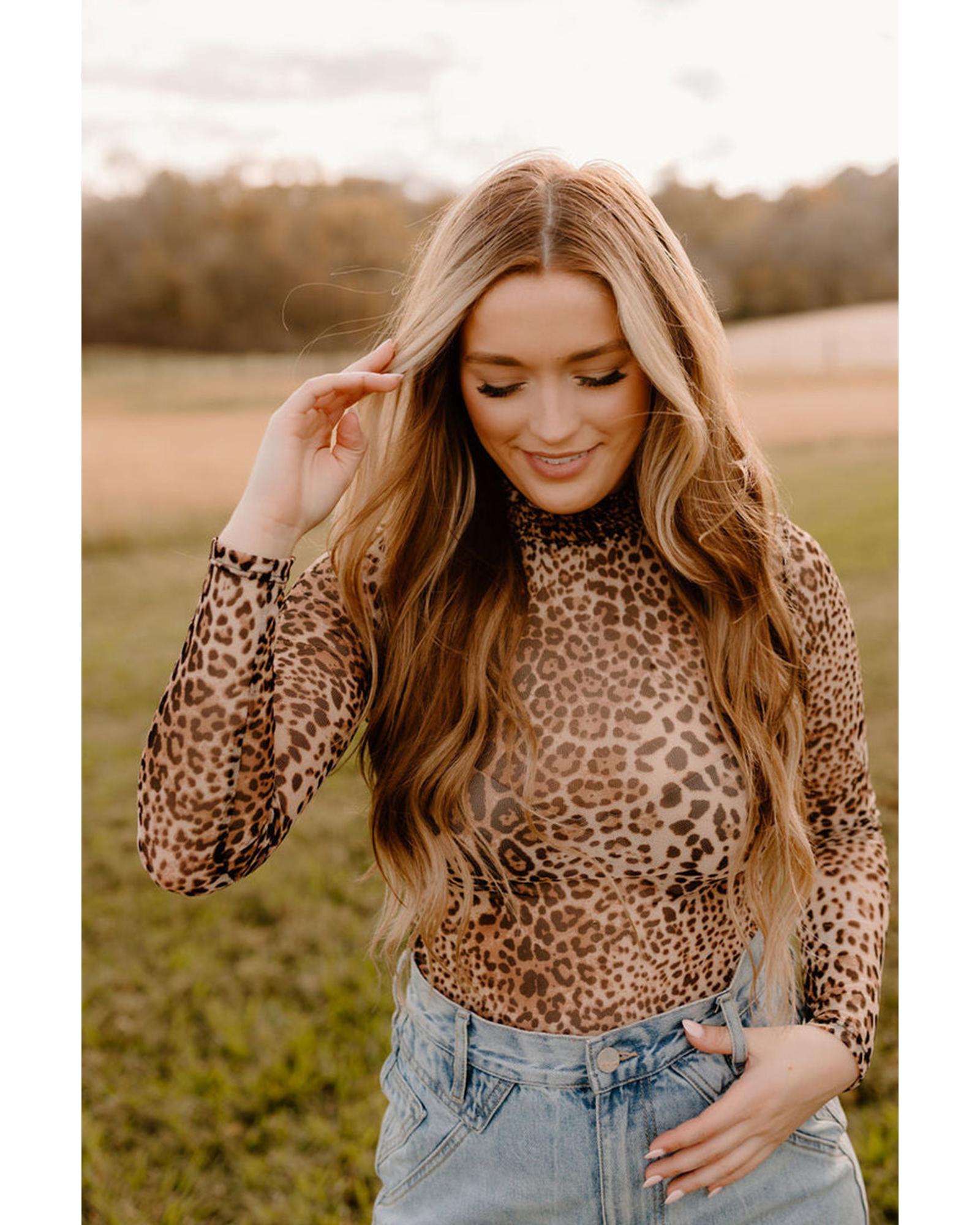 Brown Leopard Smocked Neck Mesh Long Sleeve Bodysuit - L 4