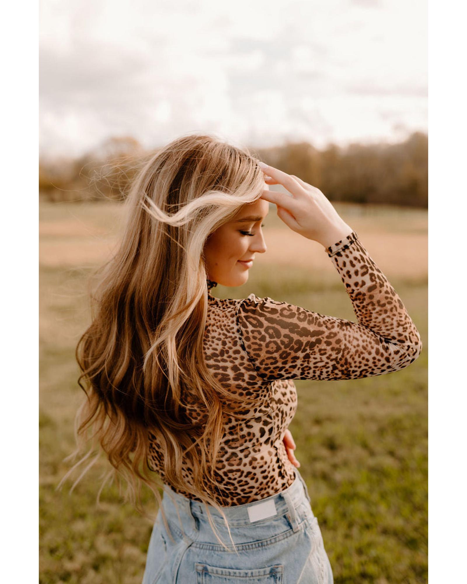Brown Leopard Smocked Neck Mesh Long Sleeve Bodysuit - L 7