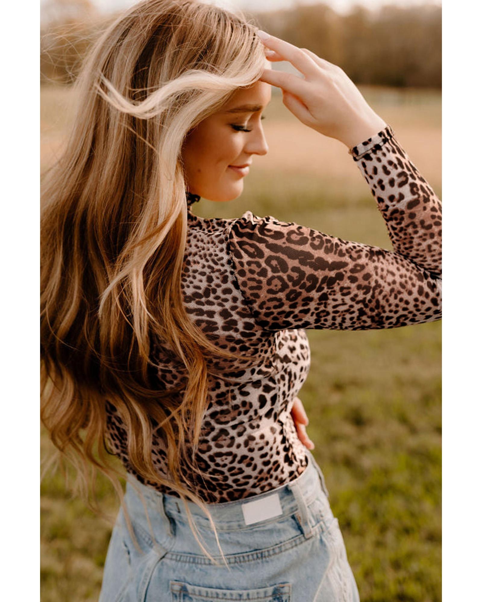 Brown Leopard Smocked Neck Mesh Long Sleeve Bodysuit - M 8