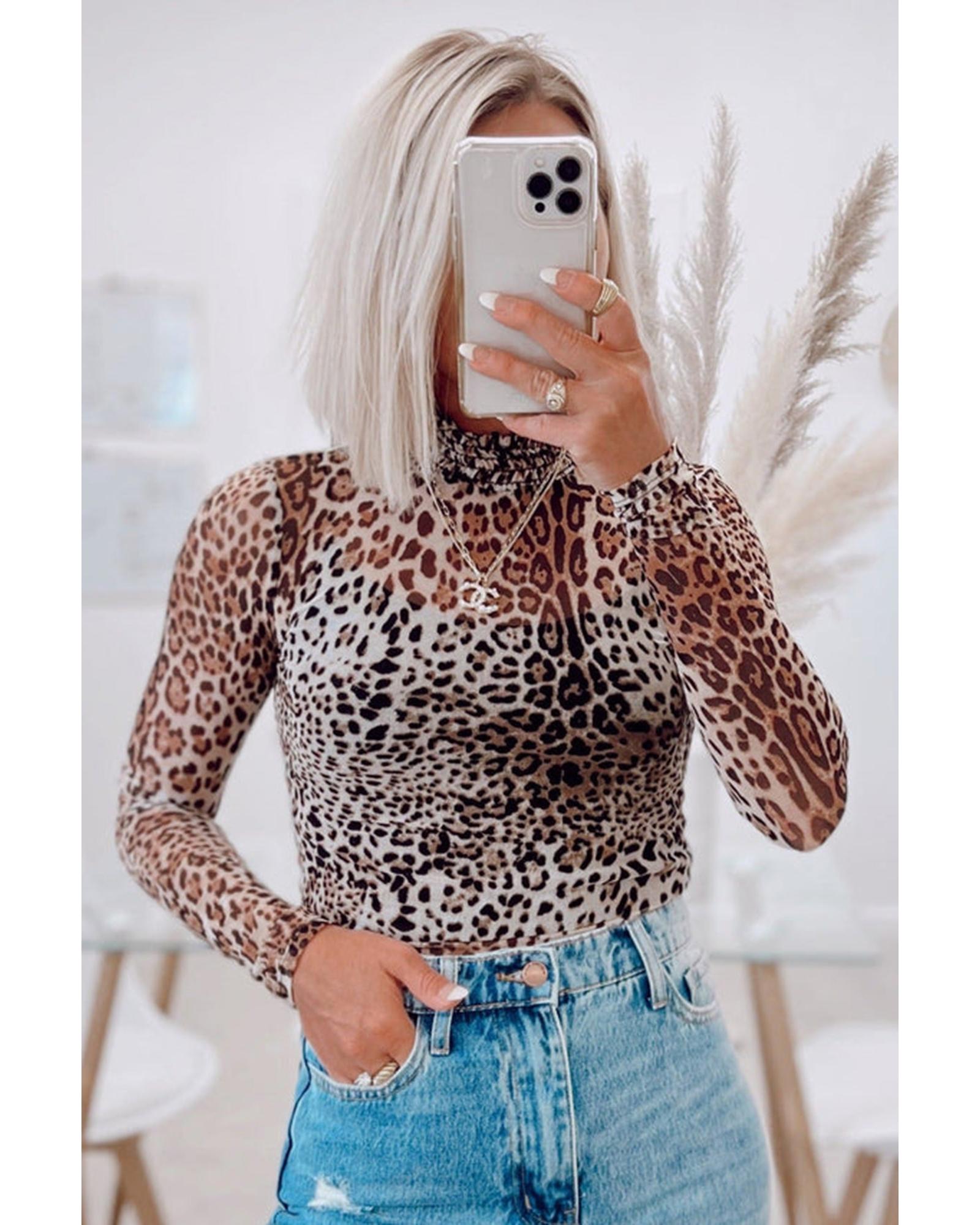 Brown Leopard Smocked Neck Mesh Long Sleeve Bodysuit - S 3