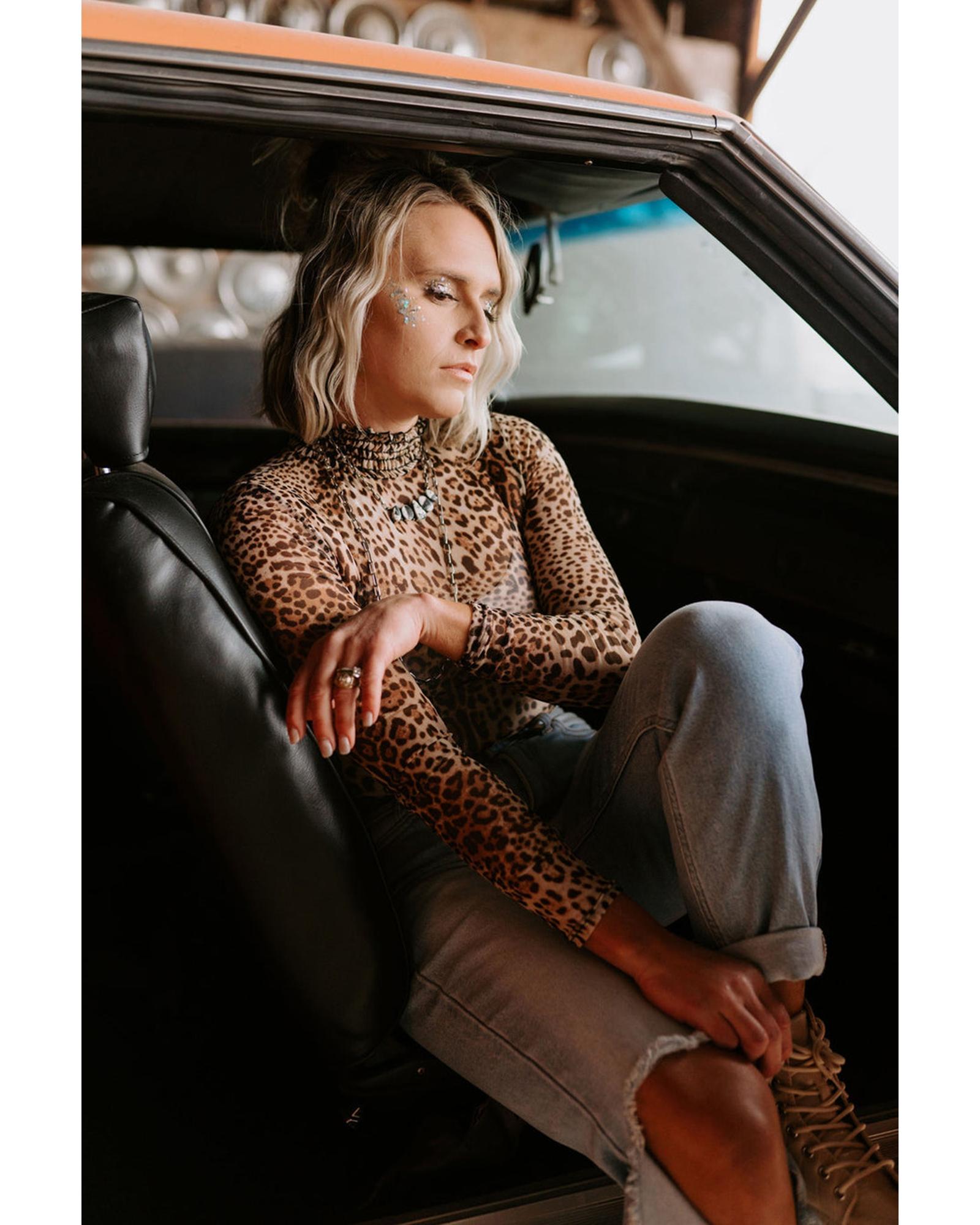 Brown Leopard Smocked Neck Mesh Long Sleeve Bodysuit - S 6