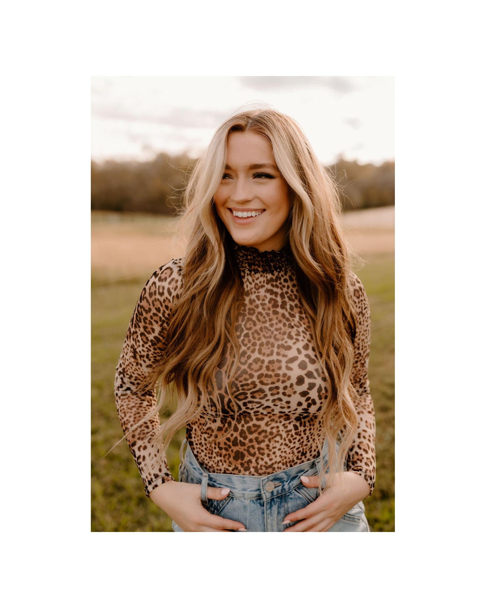 Brown Leopard Smocked Neck Mesh Long Sleeve Bodysuit - XL