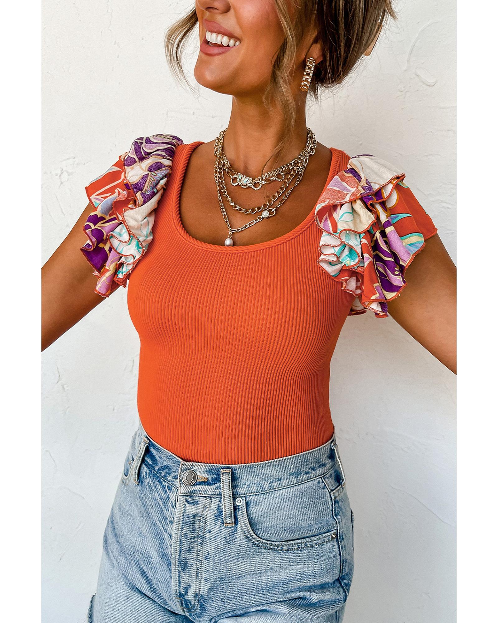 Orange Ribbed Knit Tiered Ruffled Sleeve Bodysuit - L