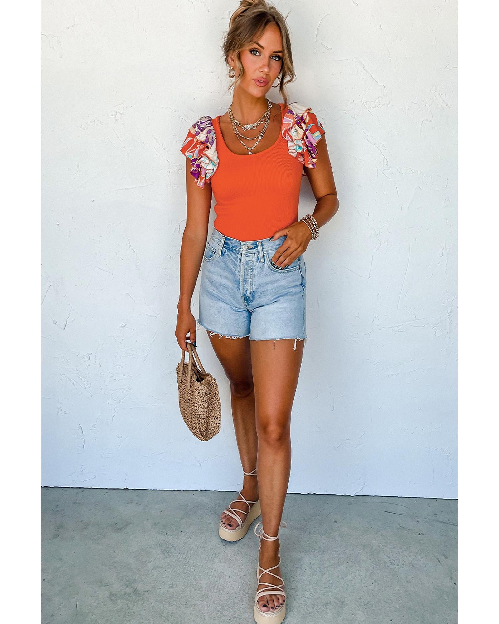 Orange Ribbed Knit Tiered Ruffled Sleeve Bodysuit - M