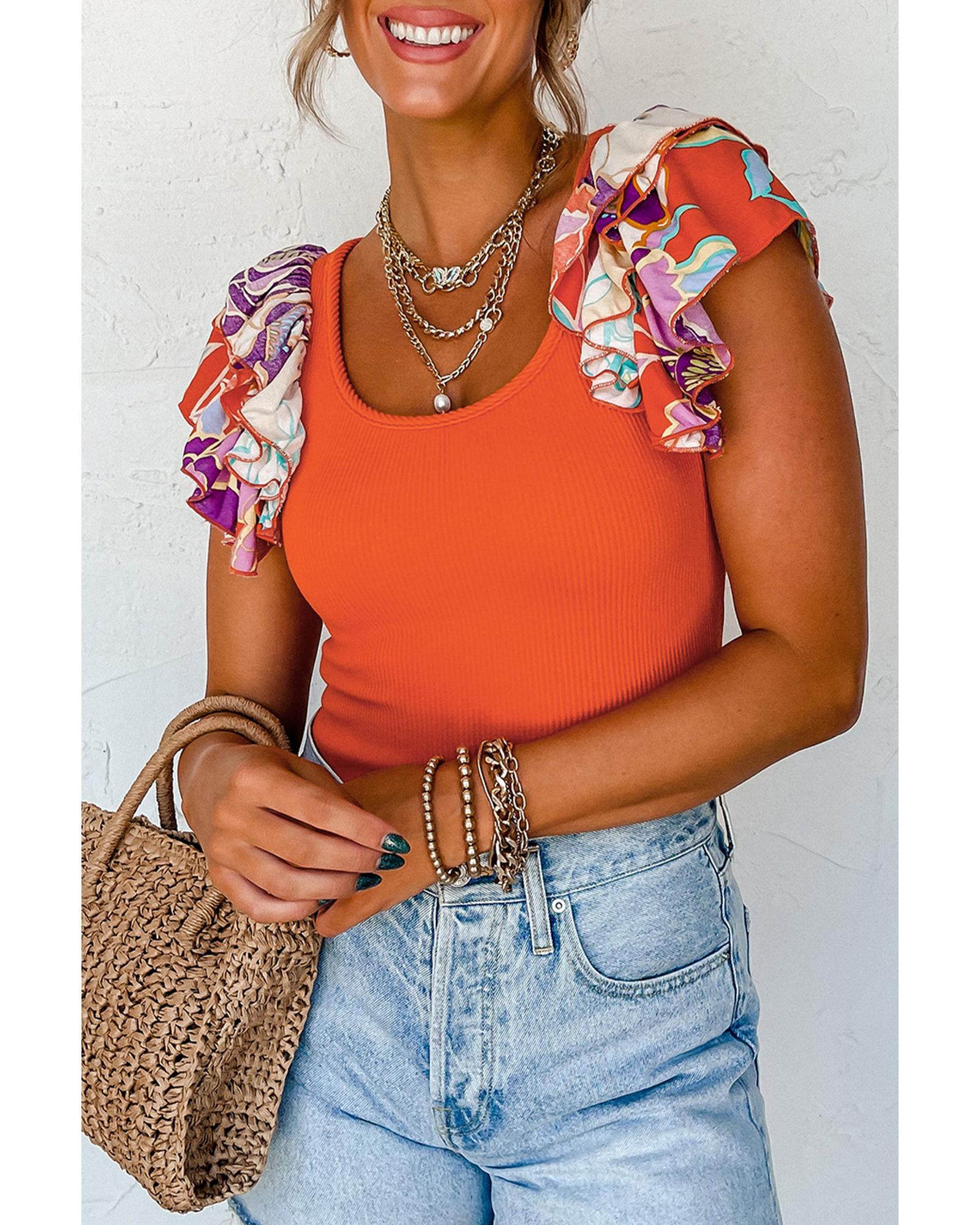 Orange Ribbed Knit Tiered Ruffled Sleeve Bodysuit - XL 5