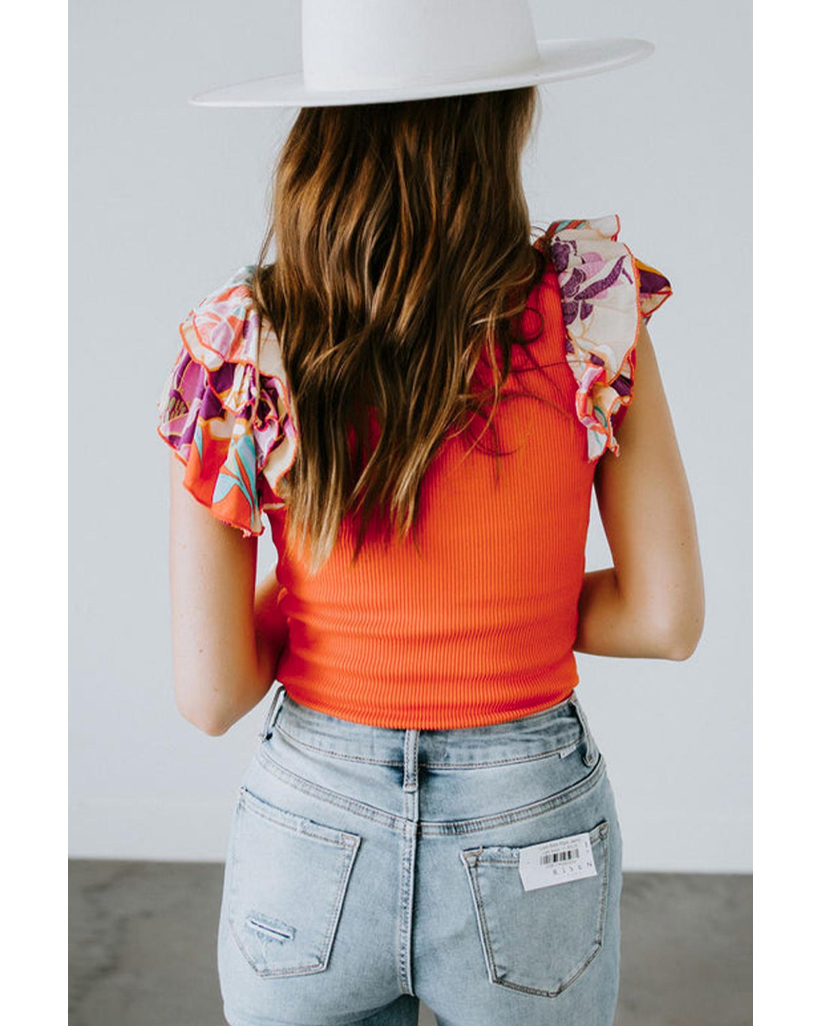 Orange Ribbed Knit Tiered Ruffled Sleeve Bodysuit - XL 6