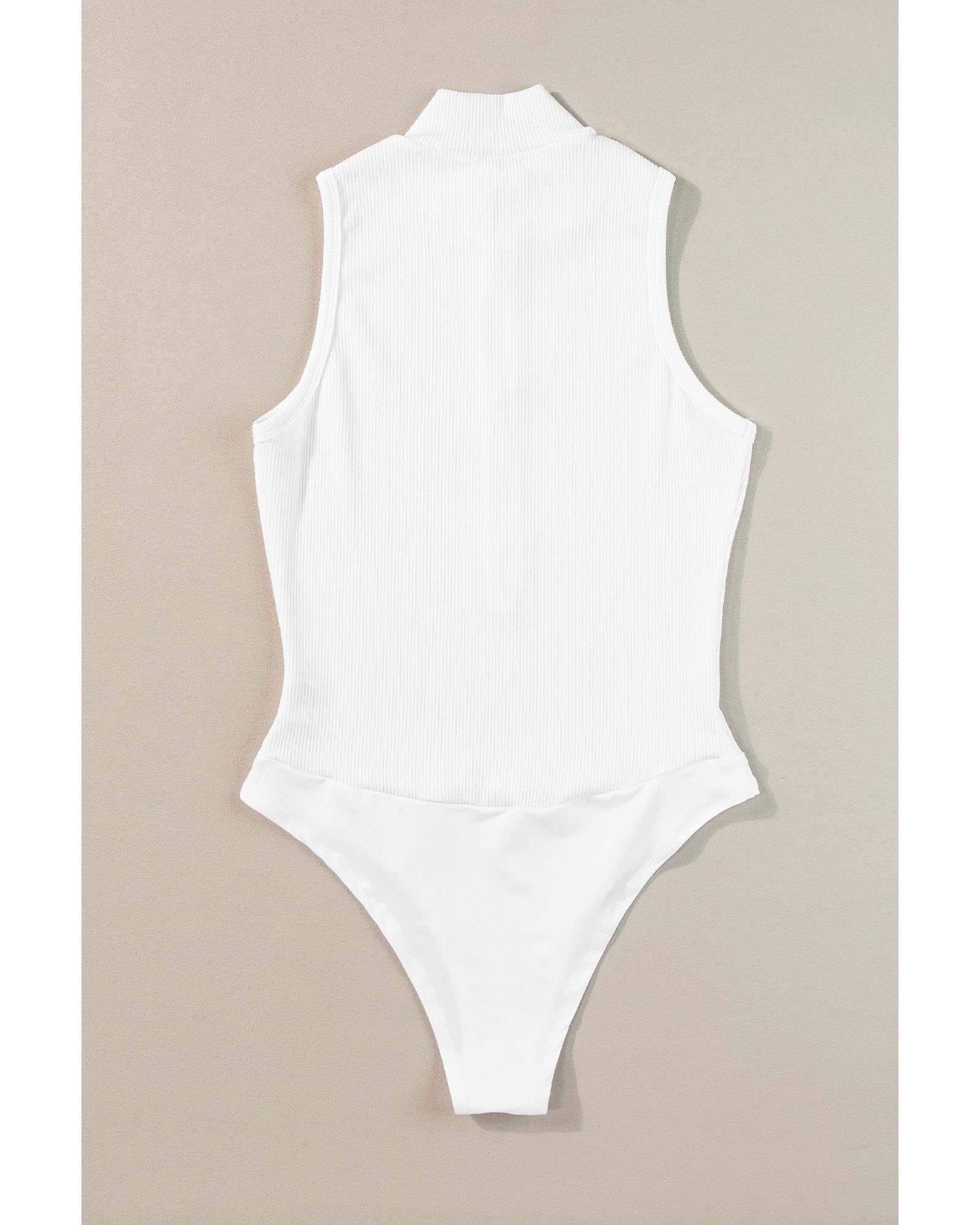 White Zip up Mock Neck Ribbed Sleeveless Bodysuit - S 7