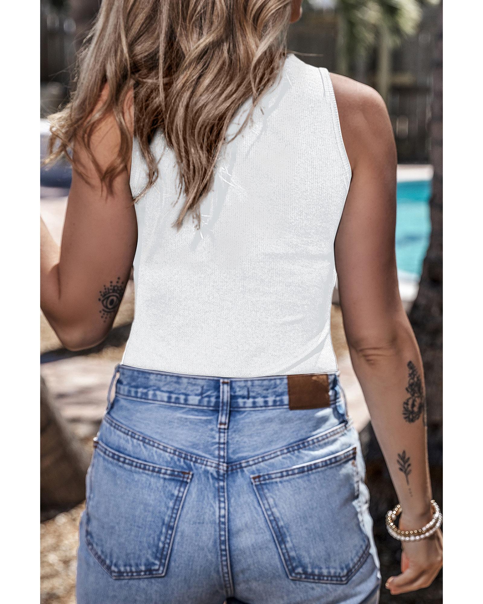 White Zip up Mock Neck Ribbed Sleeveless Bodysuit - XL