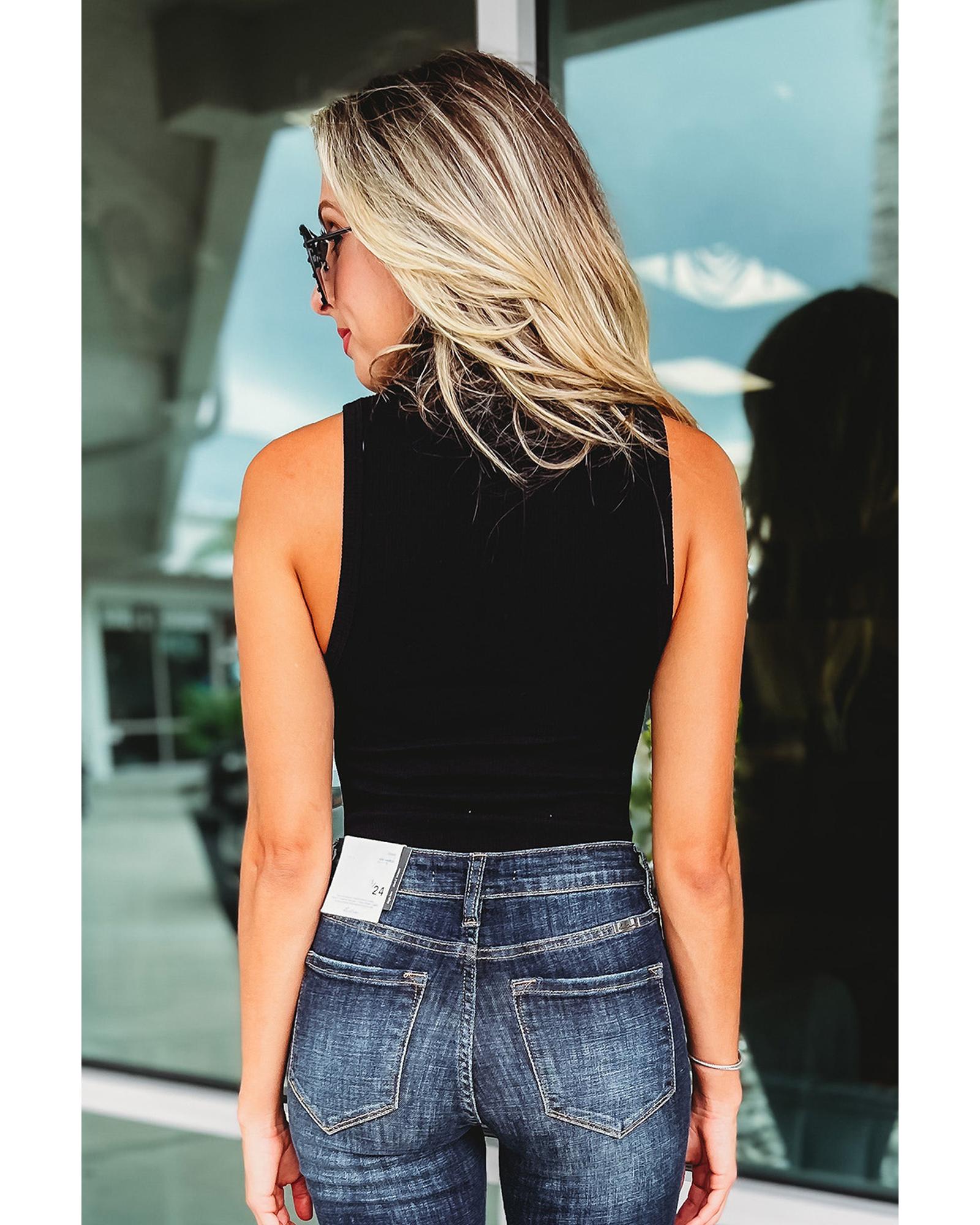 Black Zip up Mock Neck Ribbed Sleeveless Bodysuit - S