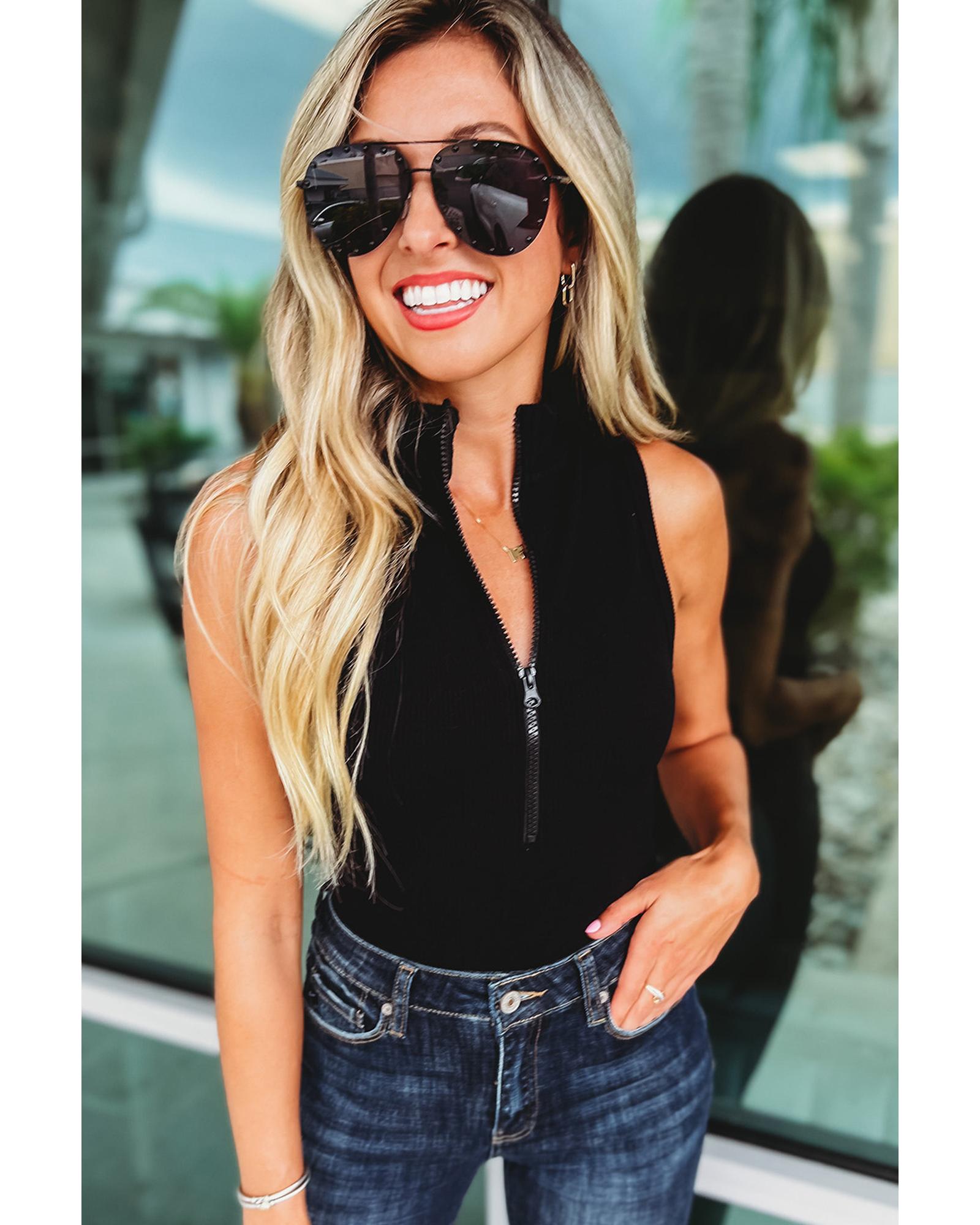Black Zip up Mock Neck Ribbed Sleeveless Bodysuit - S