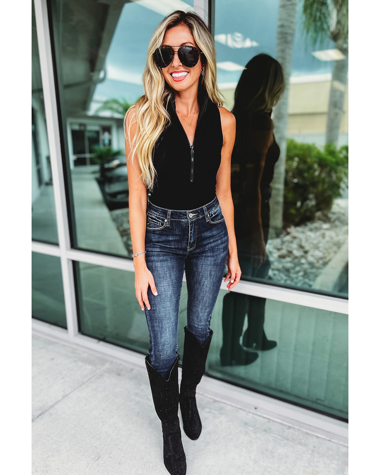 Black Zip up Mock Neck Ribbed Sleeveless Bodysuit - XL