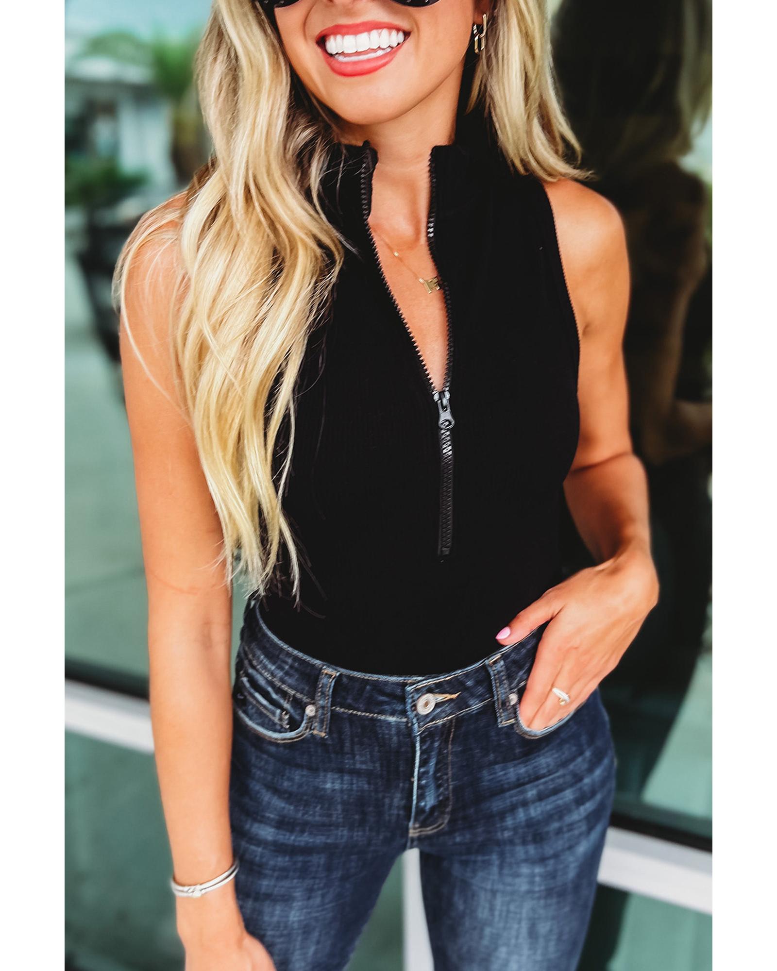 Black Zip up Mock Neck Ribbed Sleeveless Bodysuit - XL 3
