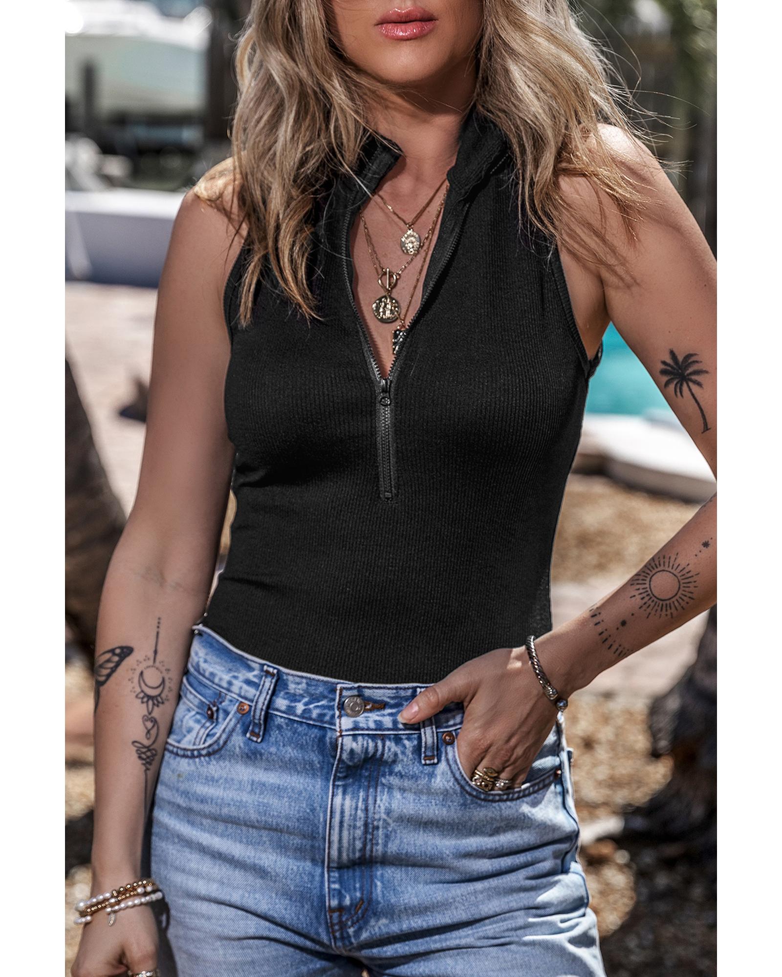 Black Zip up Mock Neck Ribbed Sleeveless Bodysuit - XL 8