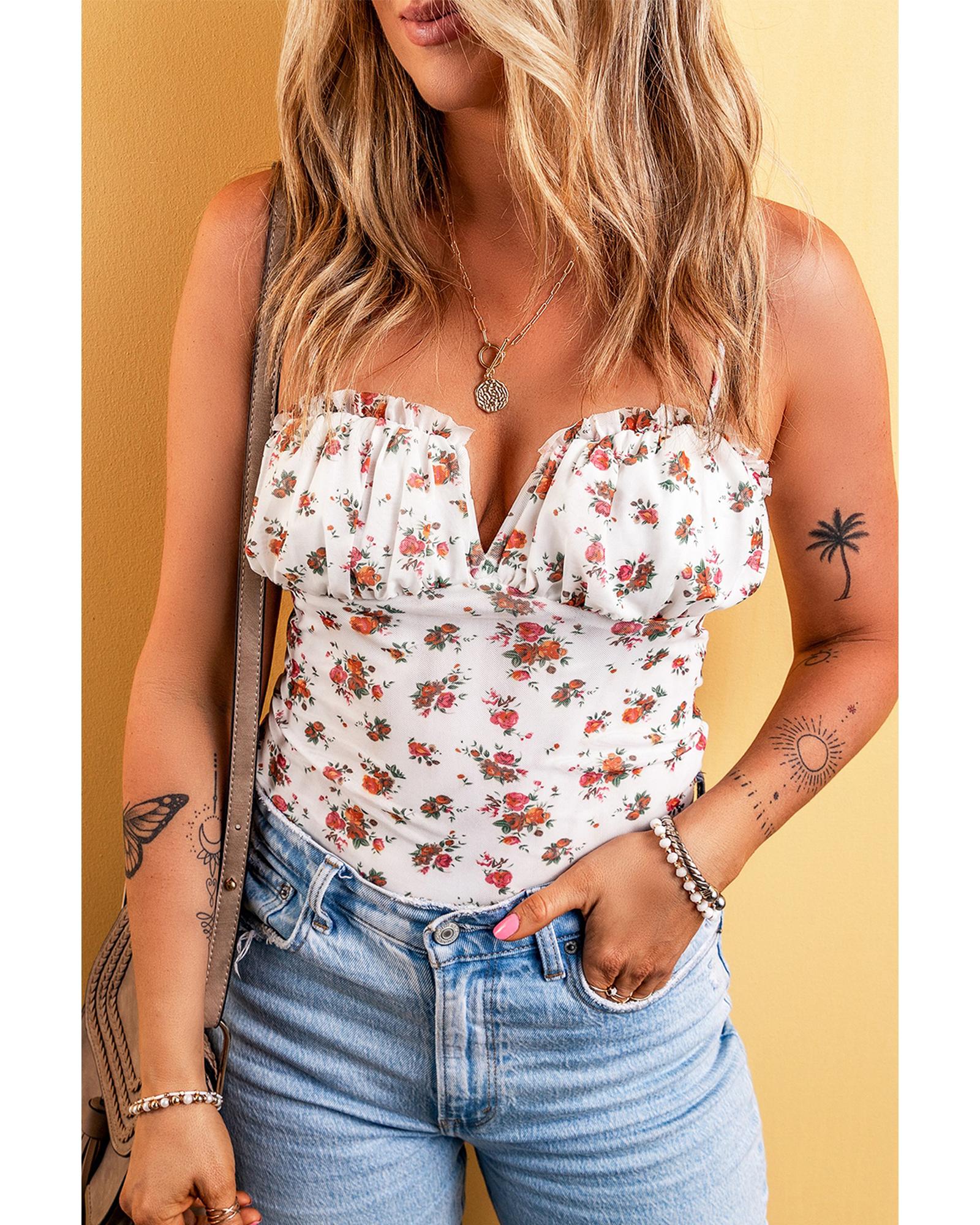 White Floral V Cut Frilled Trim Spaghetti Straps Bodysuit - L 3