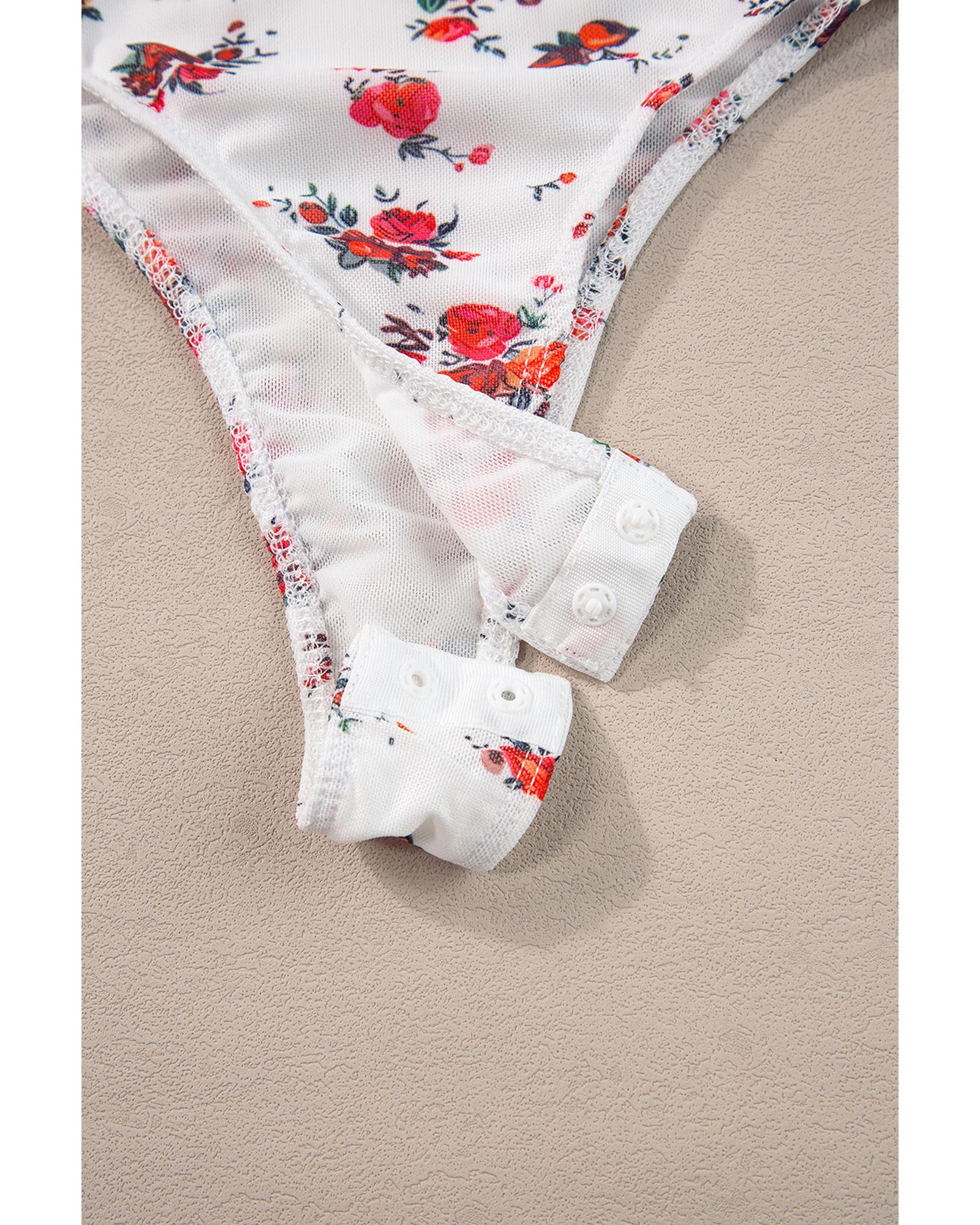 White Floral V Cut Frilled Trim Spaghetti Straps Bodysuit - L 8