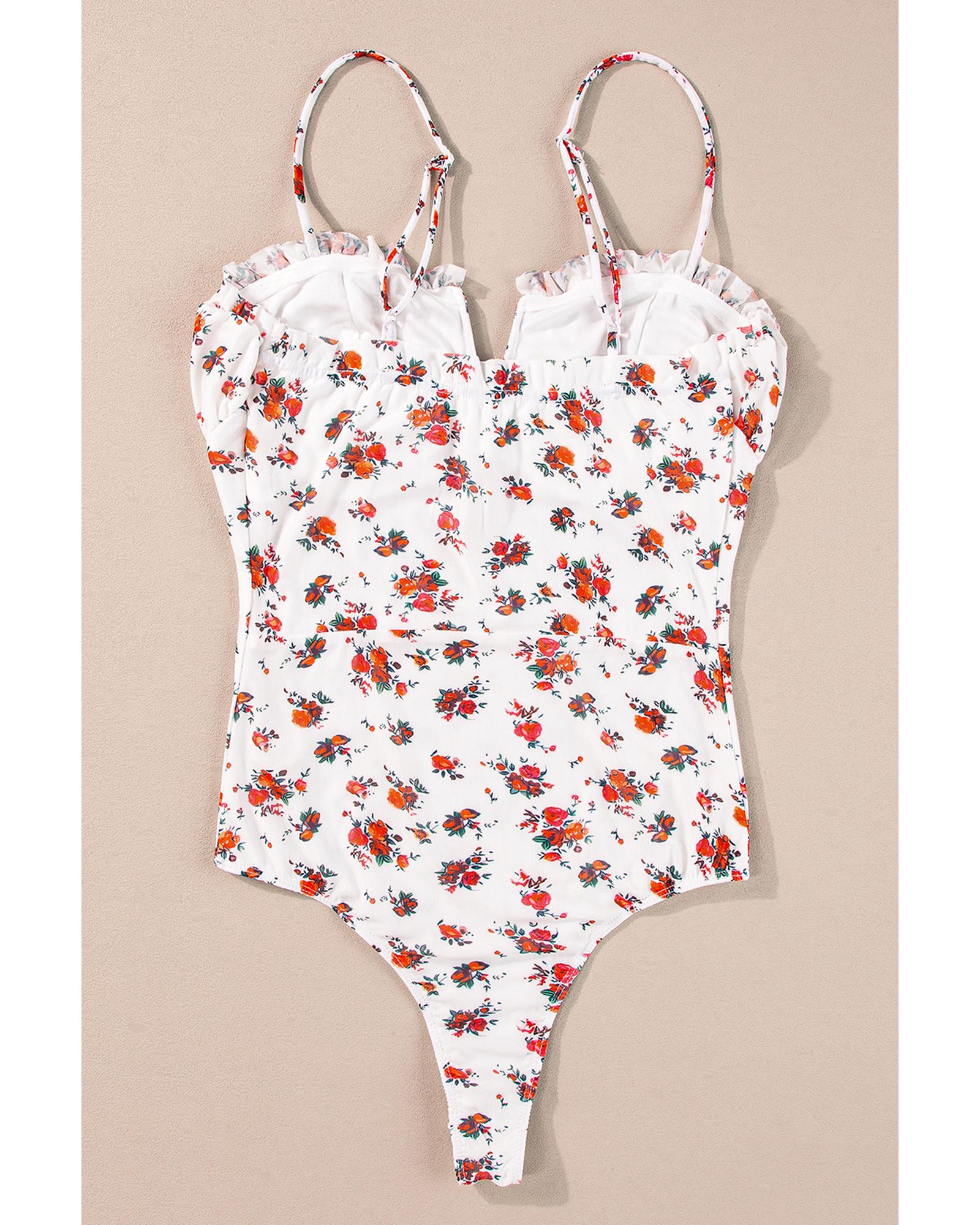 White Floral V Cut Frilled Trim Spaghetti Straps Bodysuit - M 7