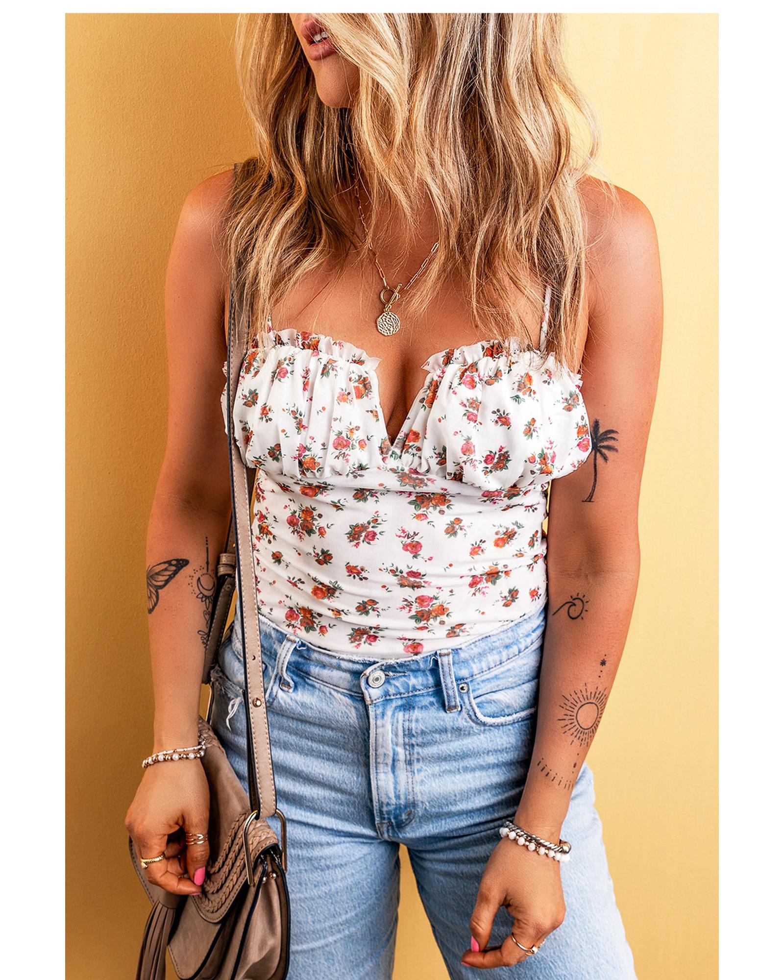 White Floral V Cut Frilled Trim Spaghetti Straps Bodysuit - XL