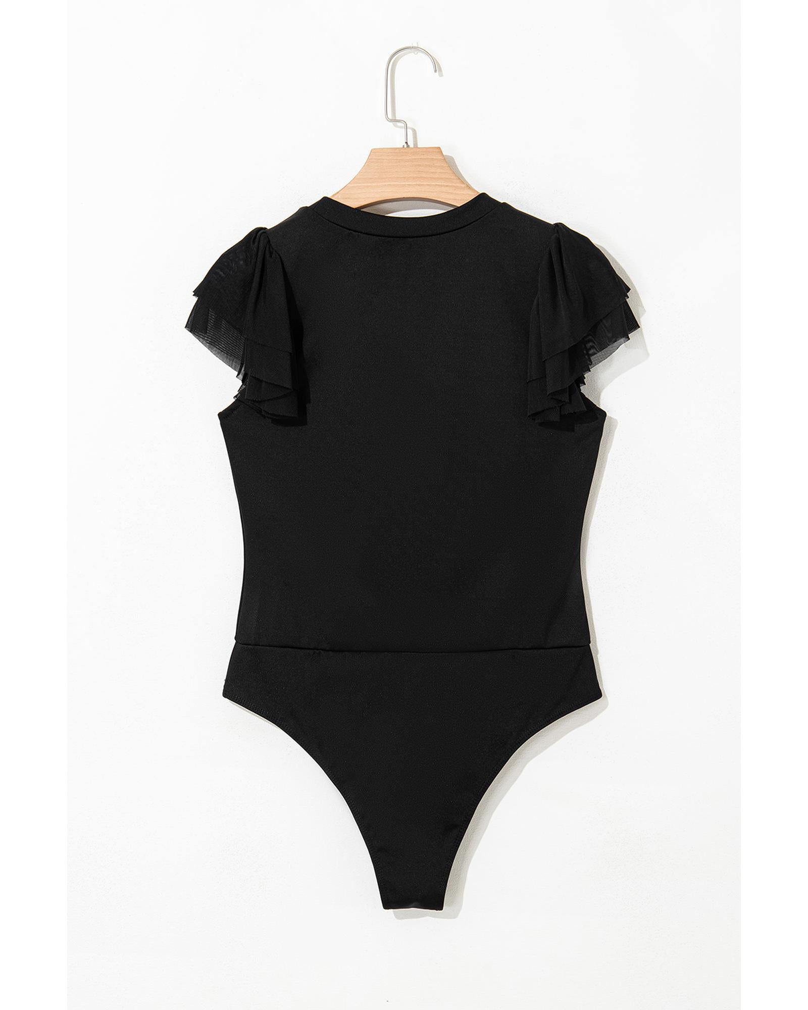 Black Solid Ruffled Mesh Patchwork Sleeve Bodysuit - S 6