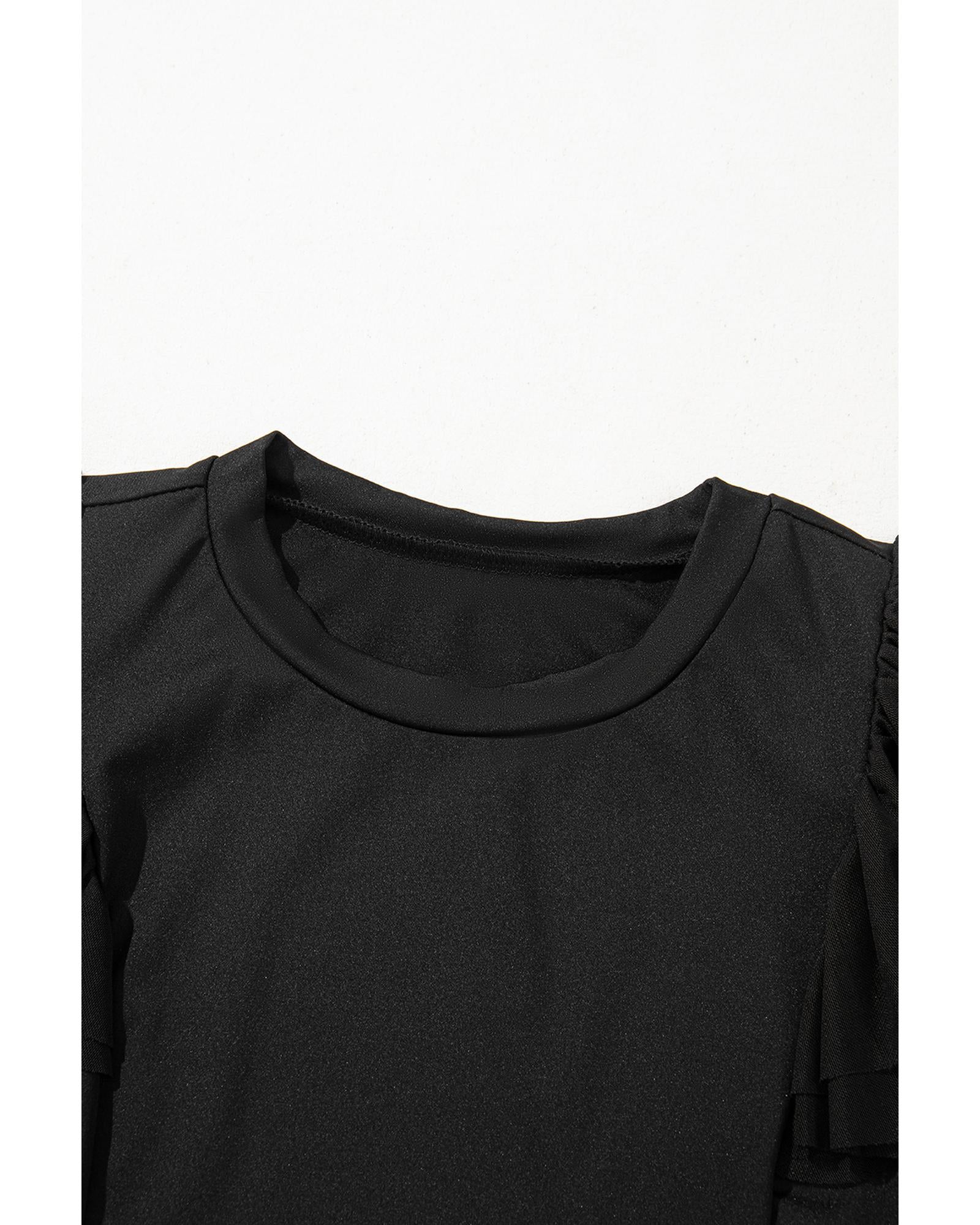 Black Solid Ruffled Mesh Patchwork Sleeve Bodysuit - S 7