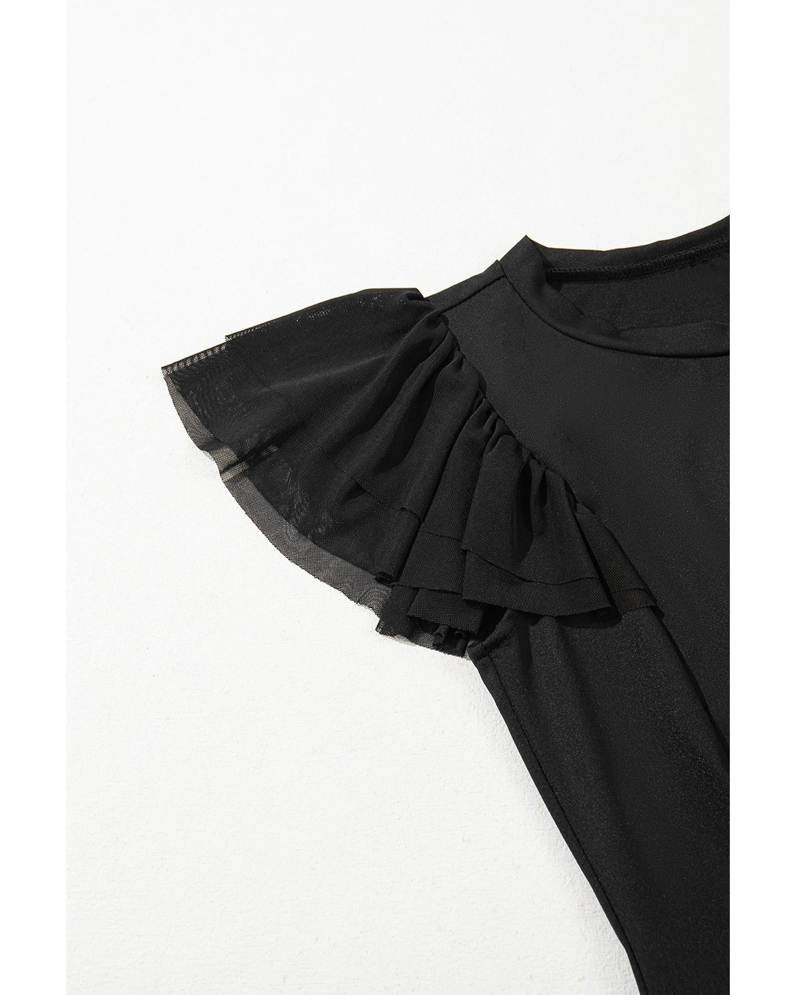Black Solid Ruffled Mesh Patchwork Sleeve Bodysuit - S 8