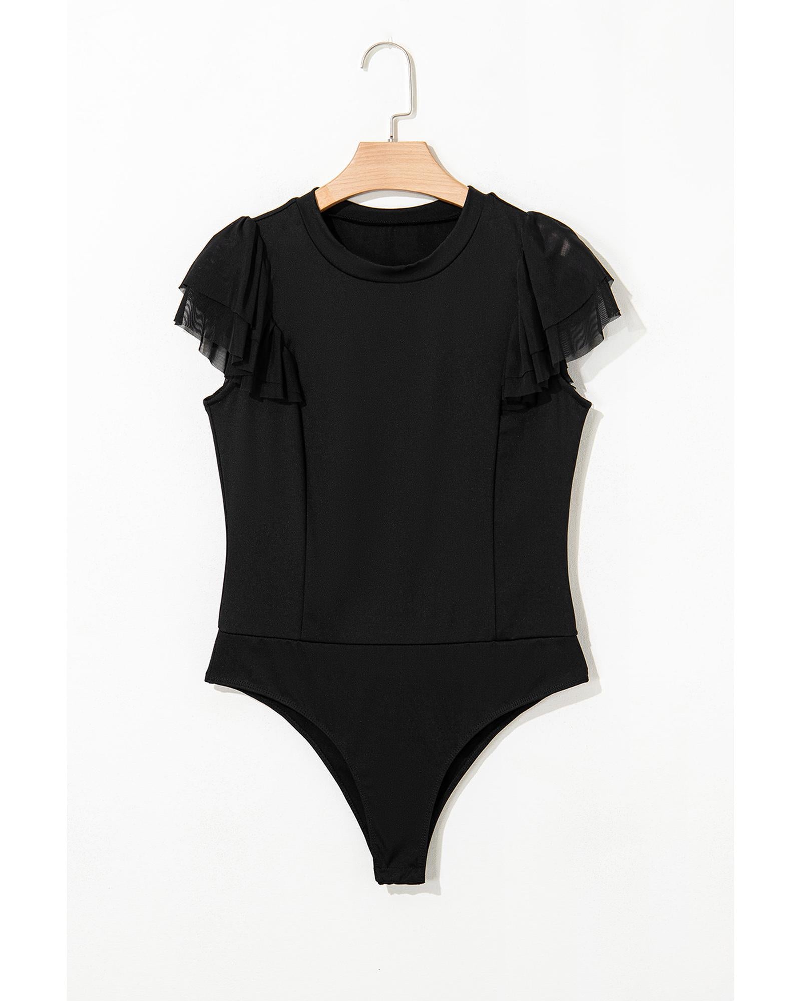 Black Solid Ruffled Mesh Patchwork Sleeve Bodysuit - XL 5