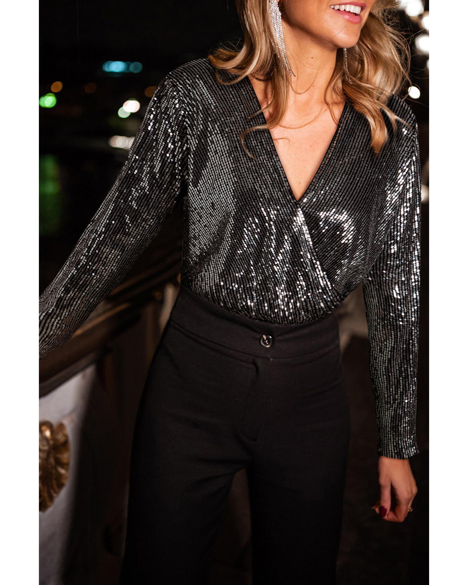 Black Sequin Mesh Long Sleeve Surplice Neck Bodysuit - L