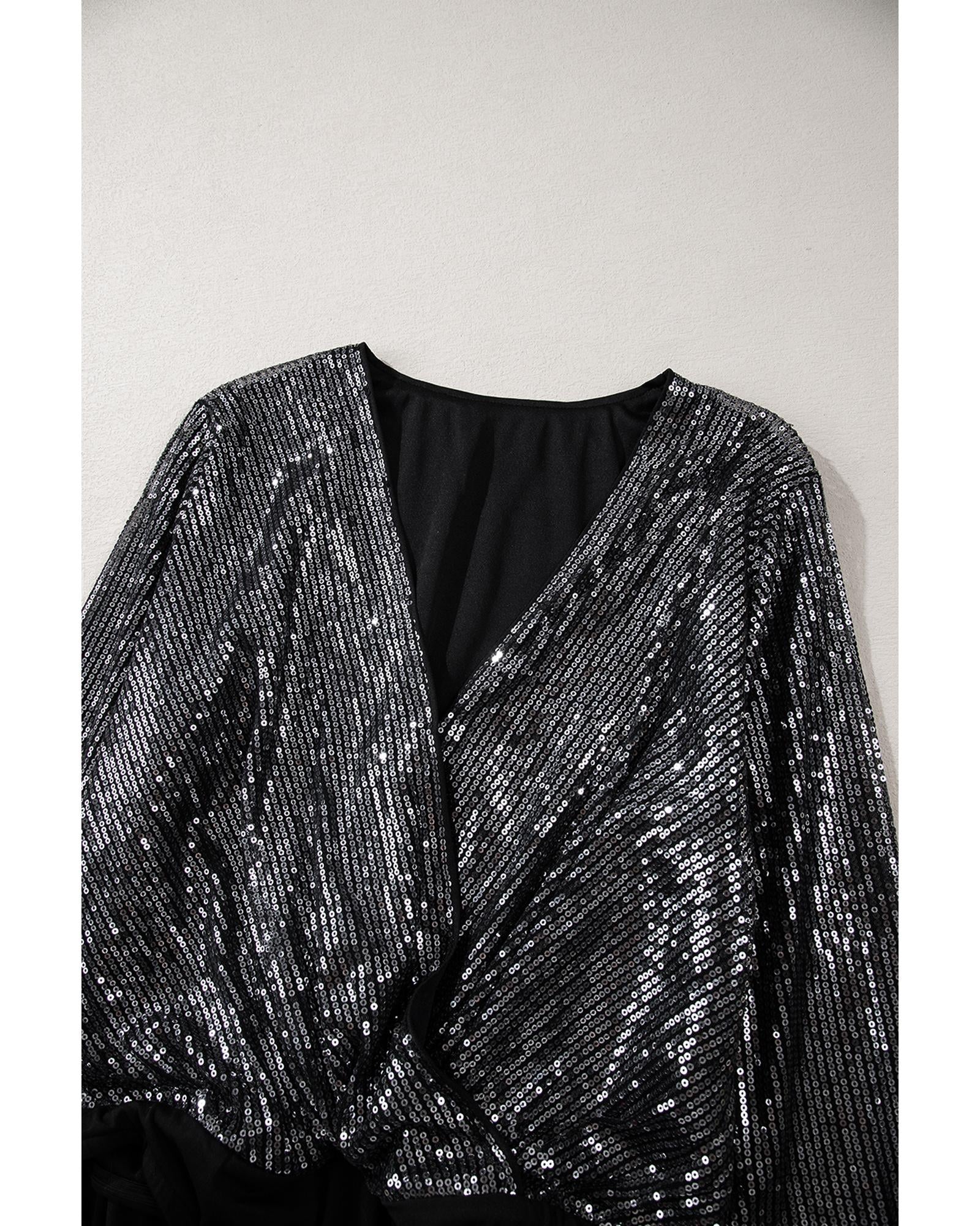 Black Sequin Mesh Long Sleeve Surplice Neck Bodysuit - M