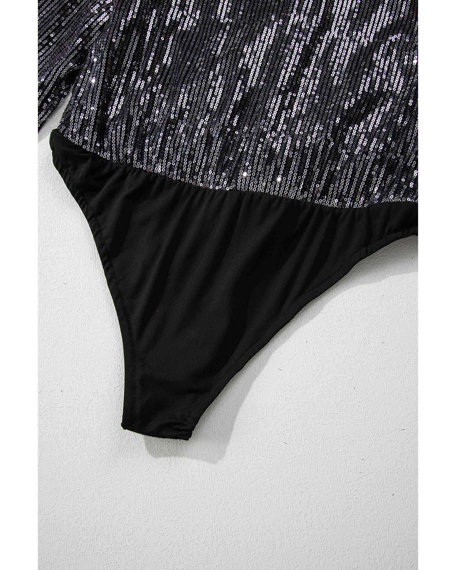 Black Sequin Mesh Long Sleeve Surplice Neck Bodysuit - M 5