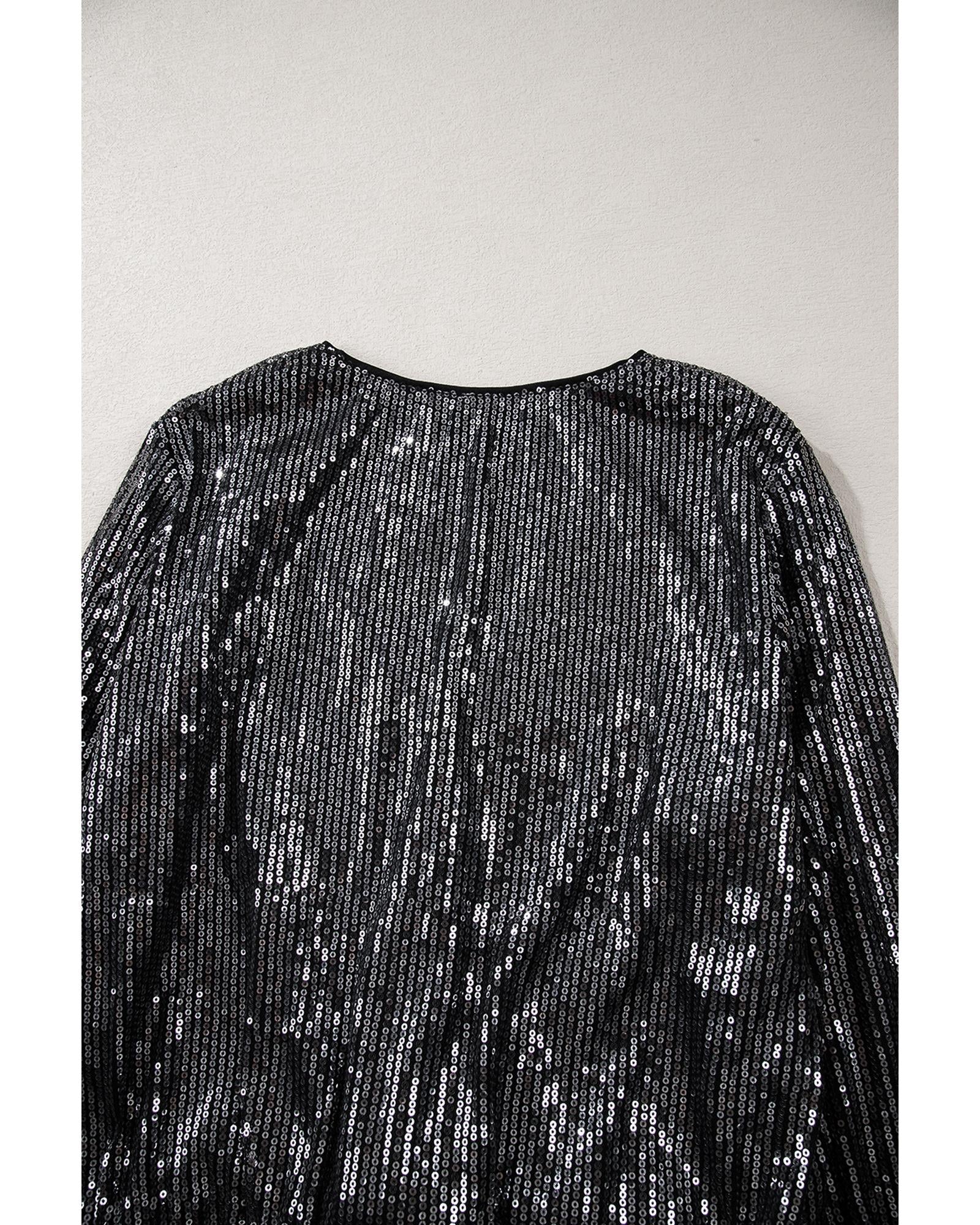 Black Sequin Mesh Long Sleeve Surplice Neck Bodysuit - M 7