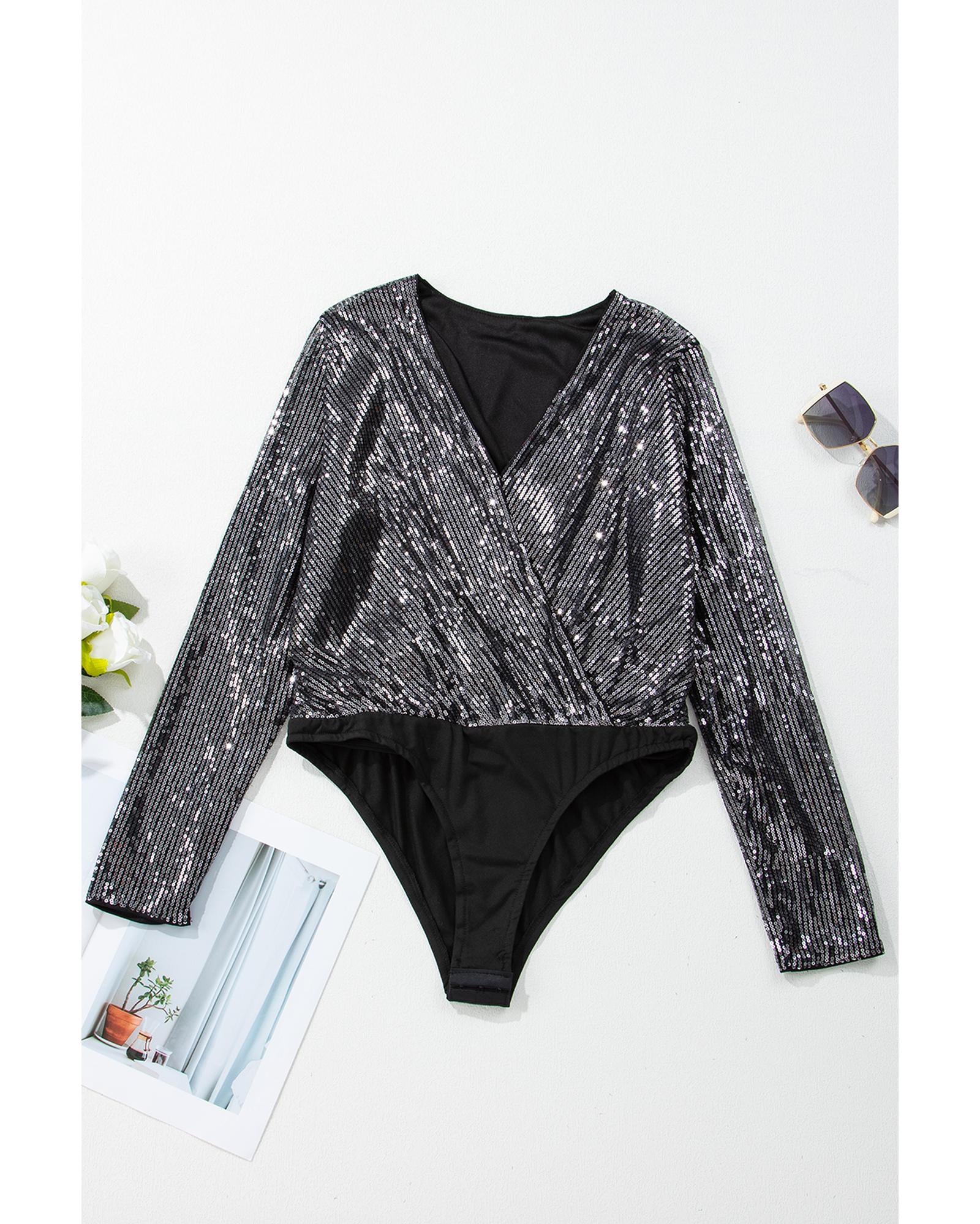 Black Sequin Mesh Long Sleeve Surplice Neck Bodysuit - S 7