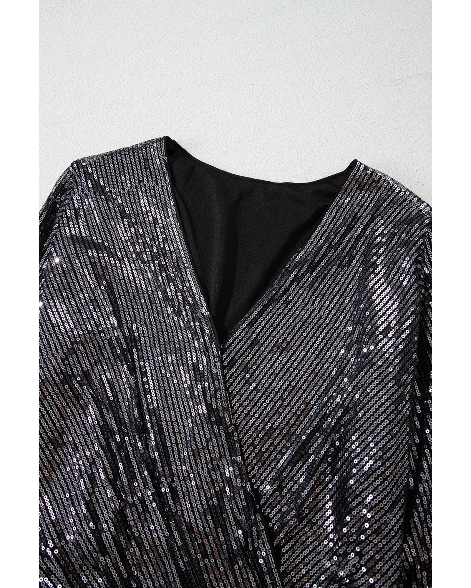 Black Sequin Mesh Long Sleeve Surplice Neck Bodysuit - XL 4