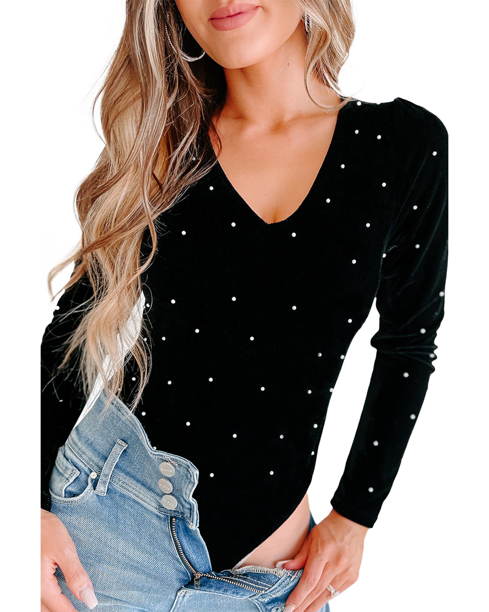 Black Velvet Beaded Long Sleeve V Neck Bodysuit - L 7