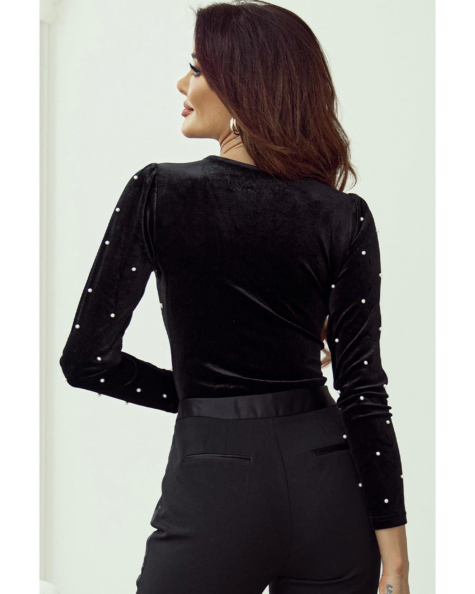Black Velvet Beaded Long Sleeve V Neck Bodysuit - M 4