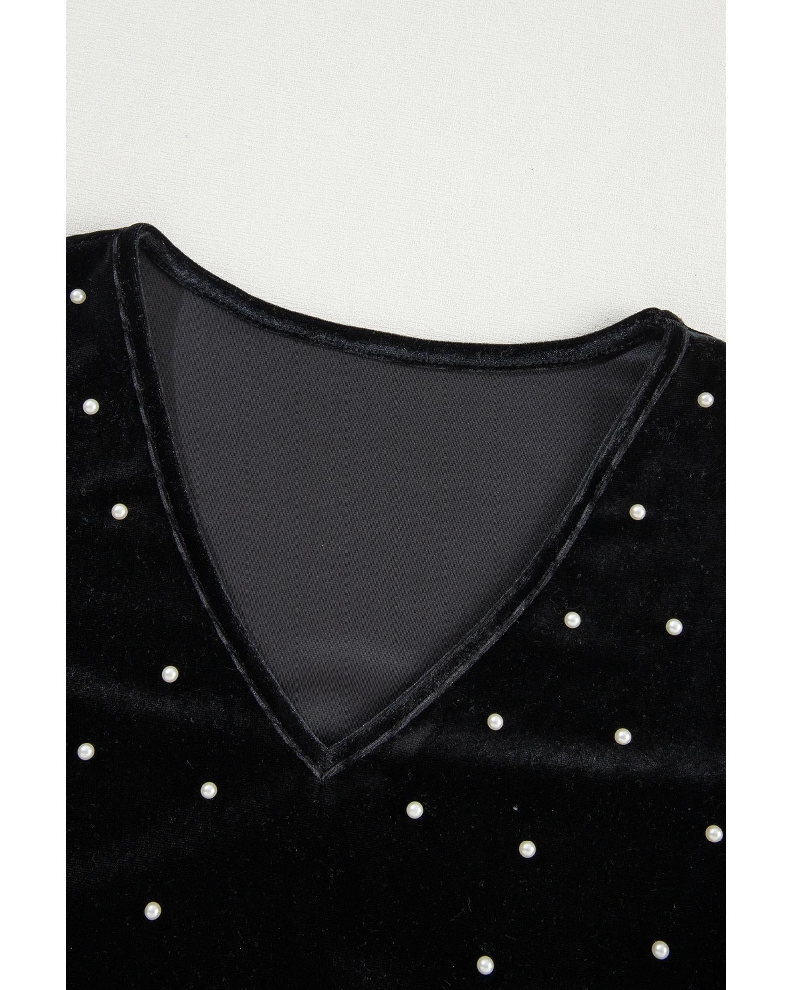 Black Velvet Beaded Long Sleeve V Neck Bodysuit - S 5