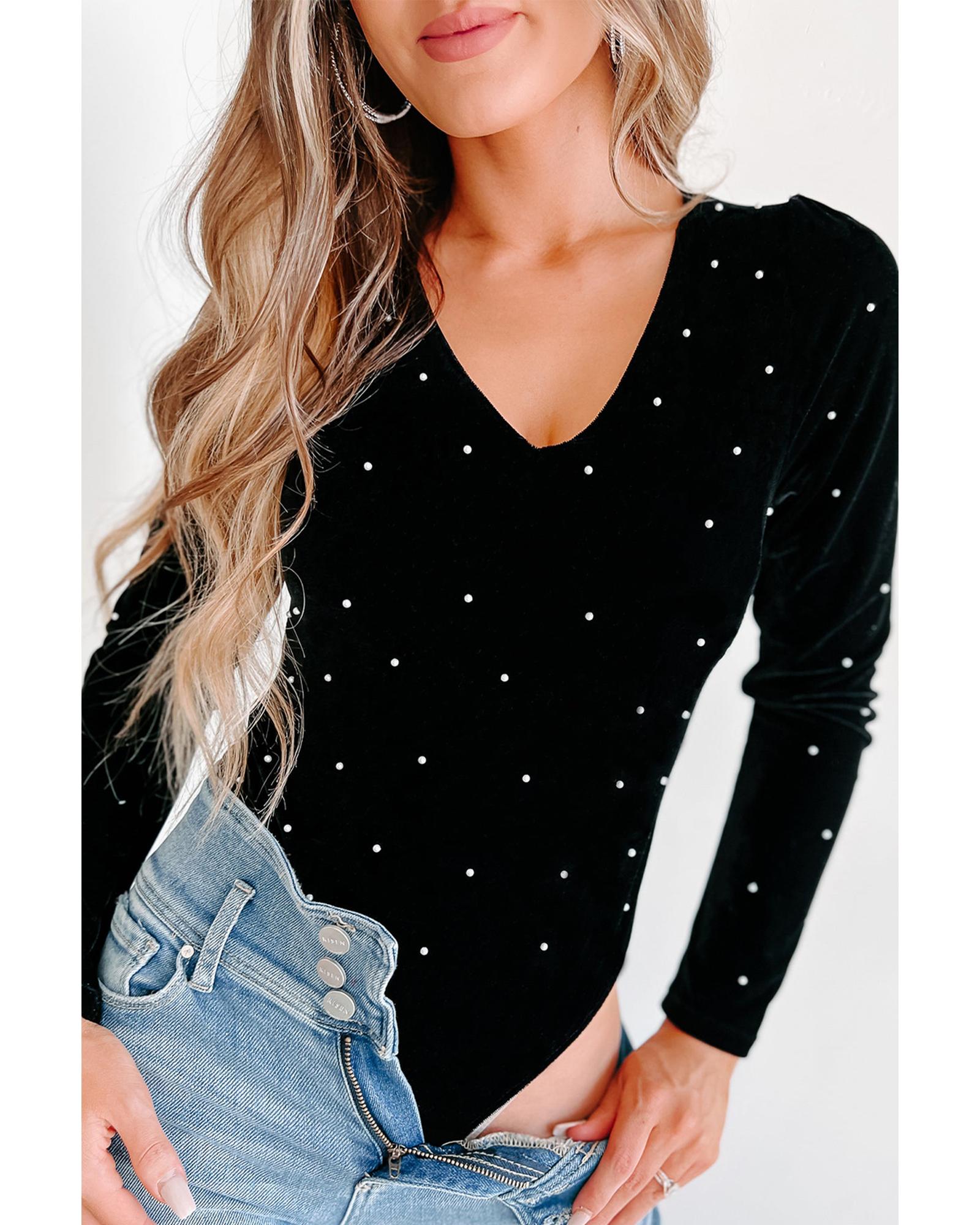 Black Velvet Beaded Long Sleeve V Neck Bodysuit - S 6