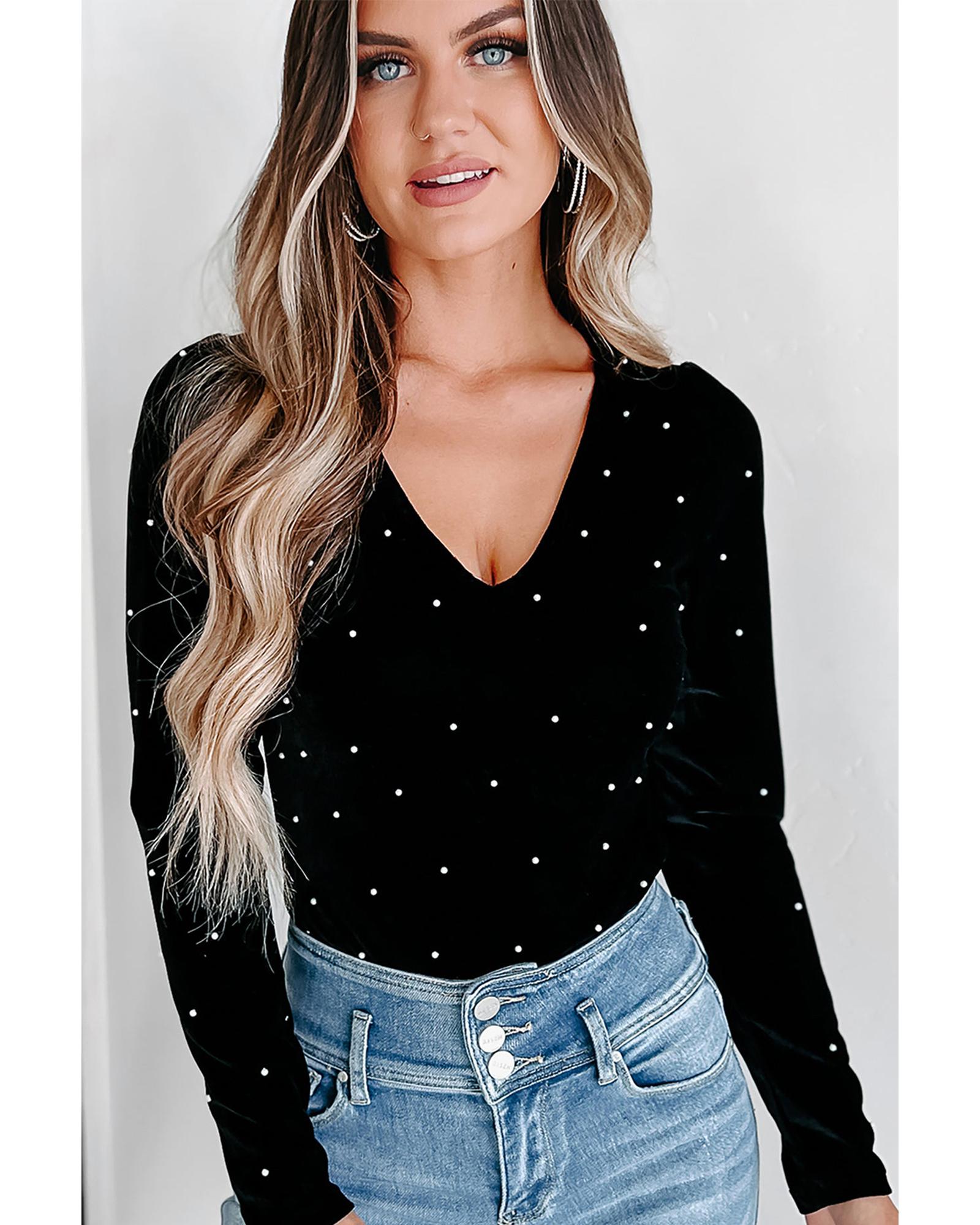 Black Velvet Beaded Long Sleeve V Neck Bodysuit - S 8