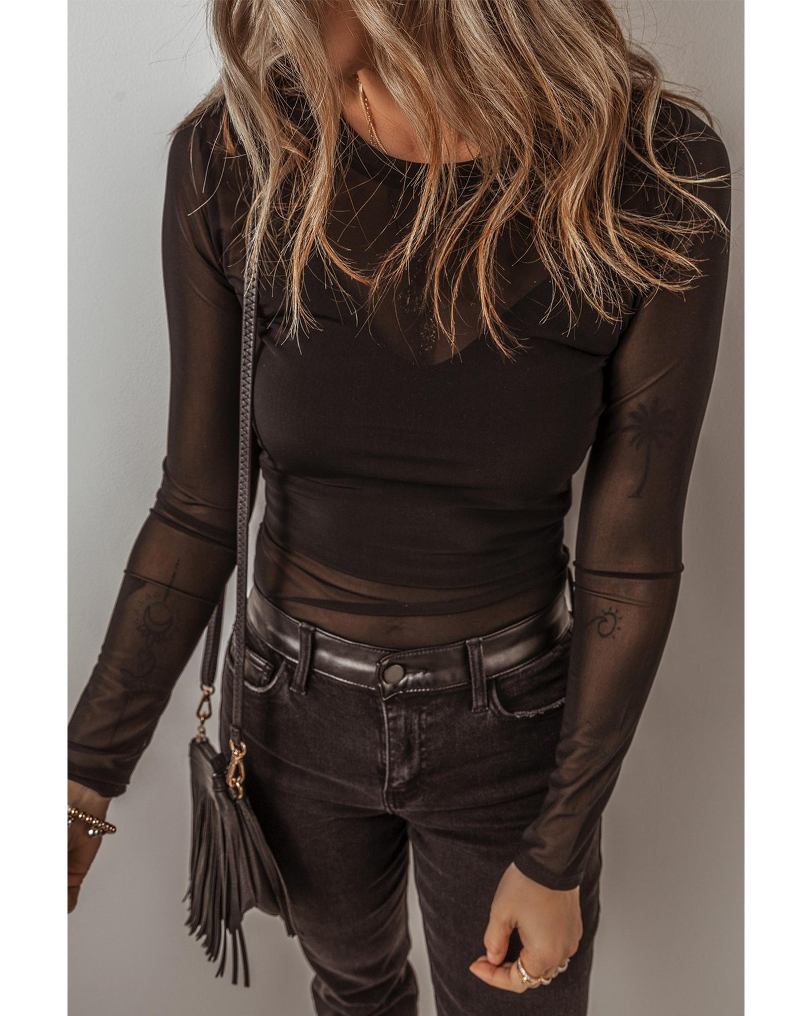 Black Mesh Long Sleeve Slim Fit Bodysuit - L 4