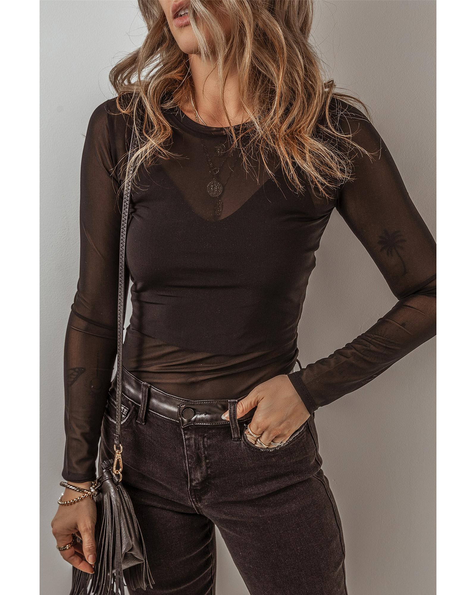 Black Mesh Long Sleeve Slim Fit Bodysuit - XL