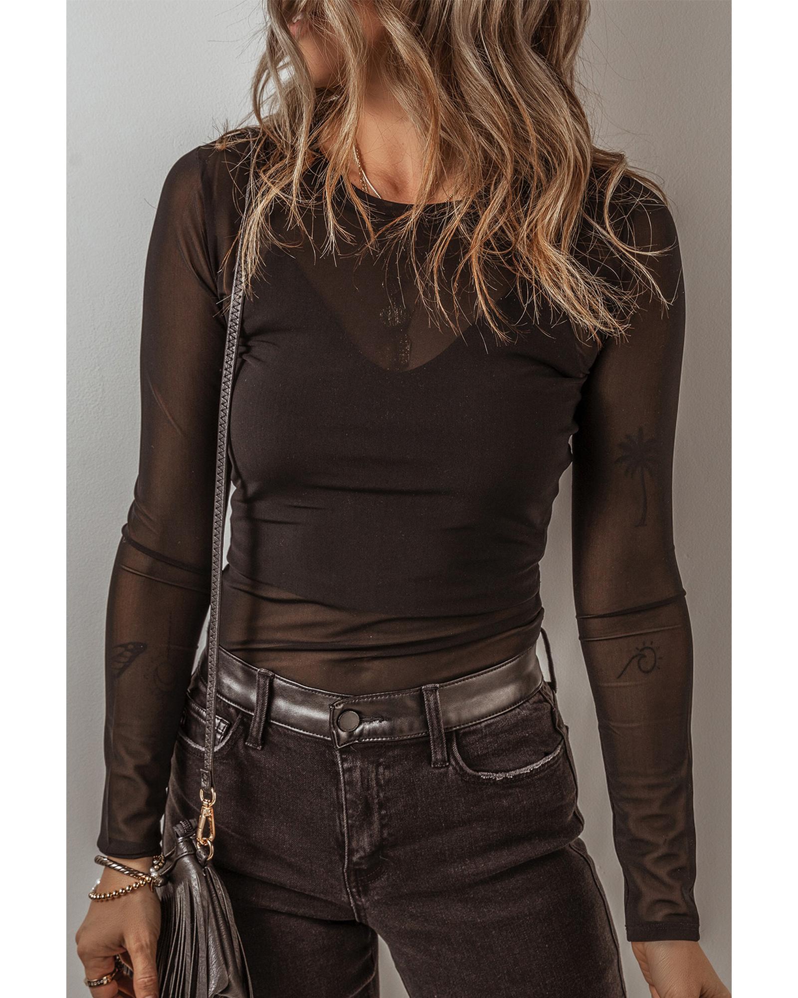 Black Mesh Long Sleeve Slim Fit Bodysuit - XL