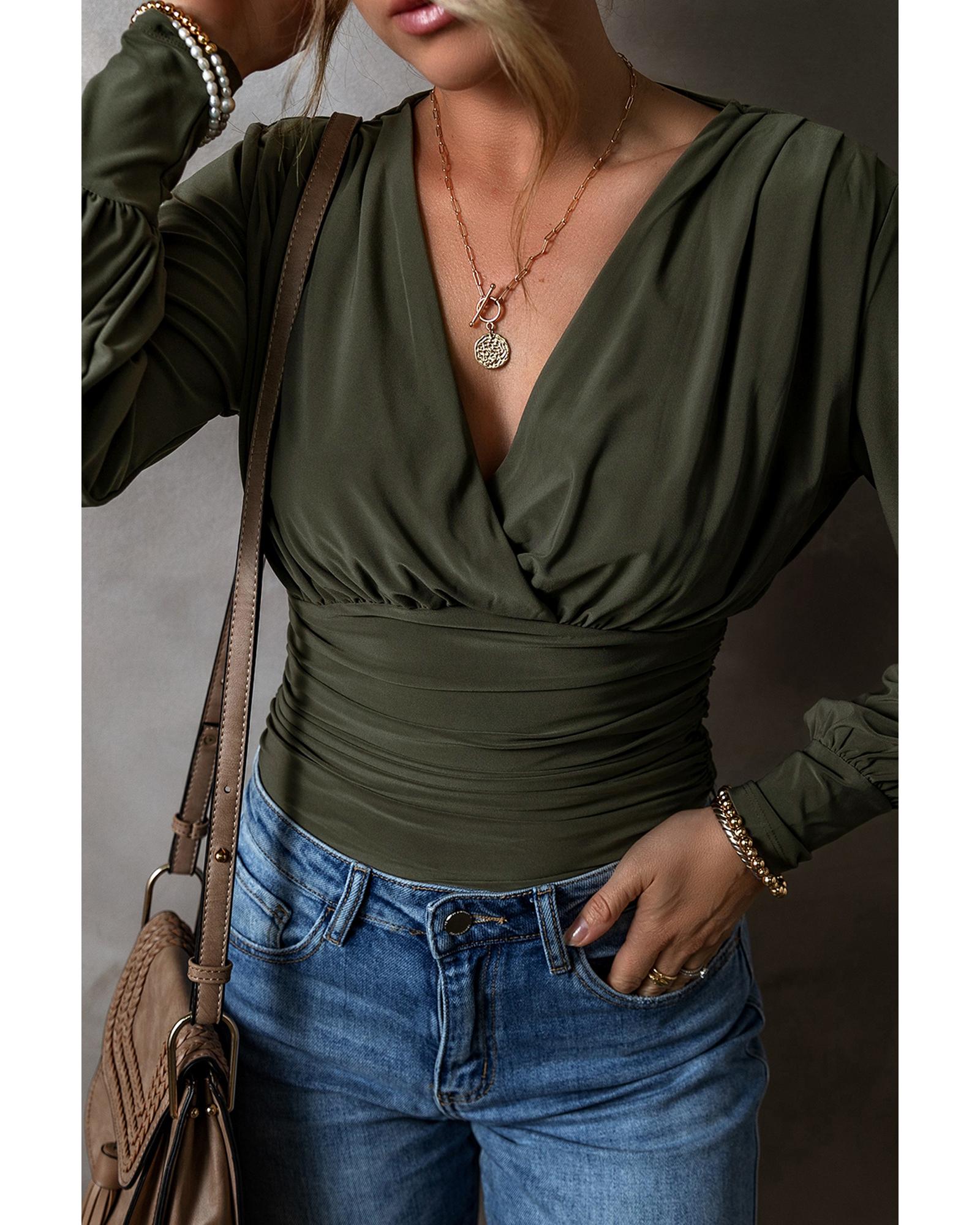 Moss Green Ruched Wrap V Neck Long Sleeve Bodysuit - M