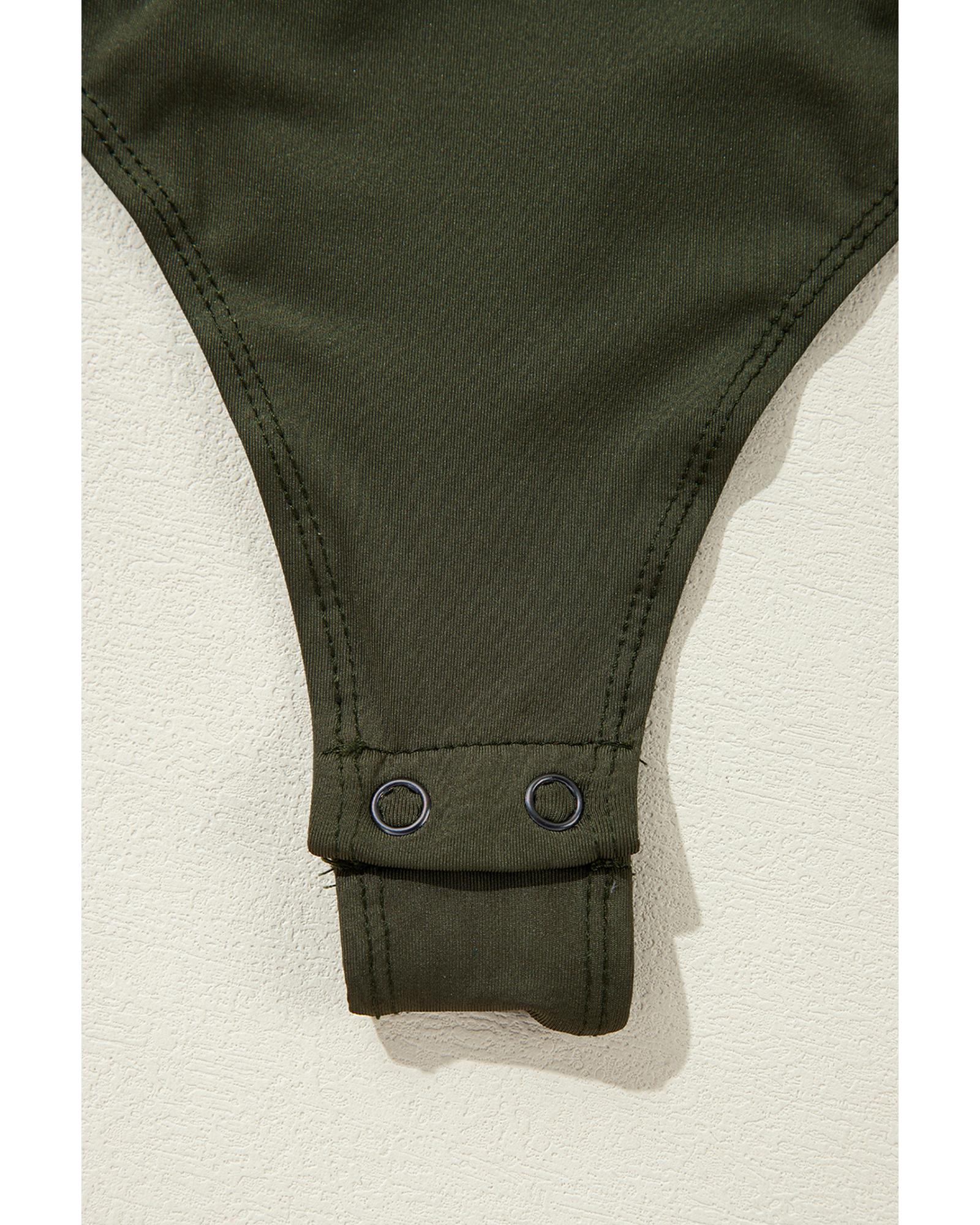 Moss Green Ruched Wrap V Neck Long Sleeve Bodysuit - M