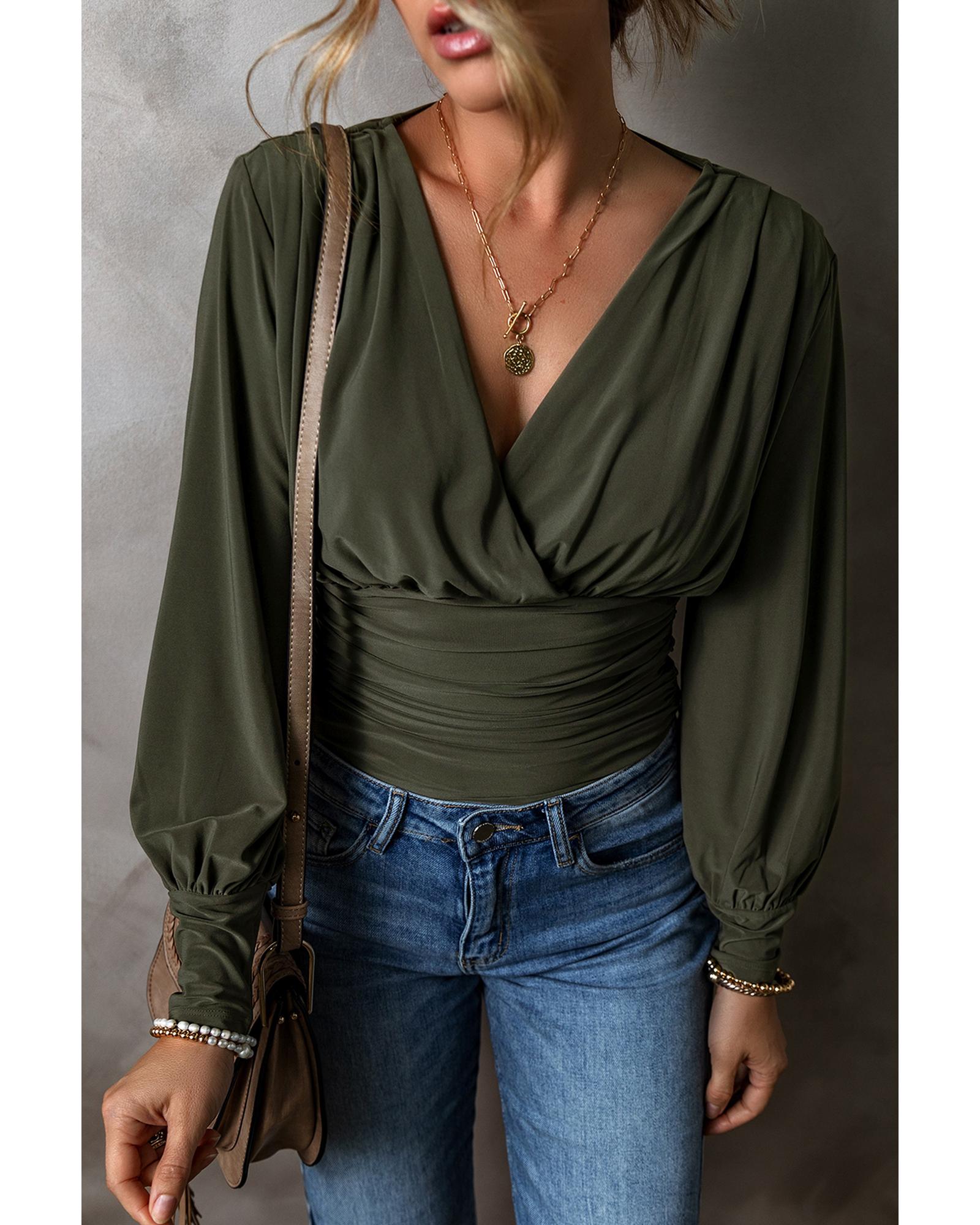Moss Green Ruched Wrap V Neck Long Sleeve Bodysuit - M 5