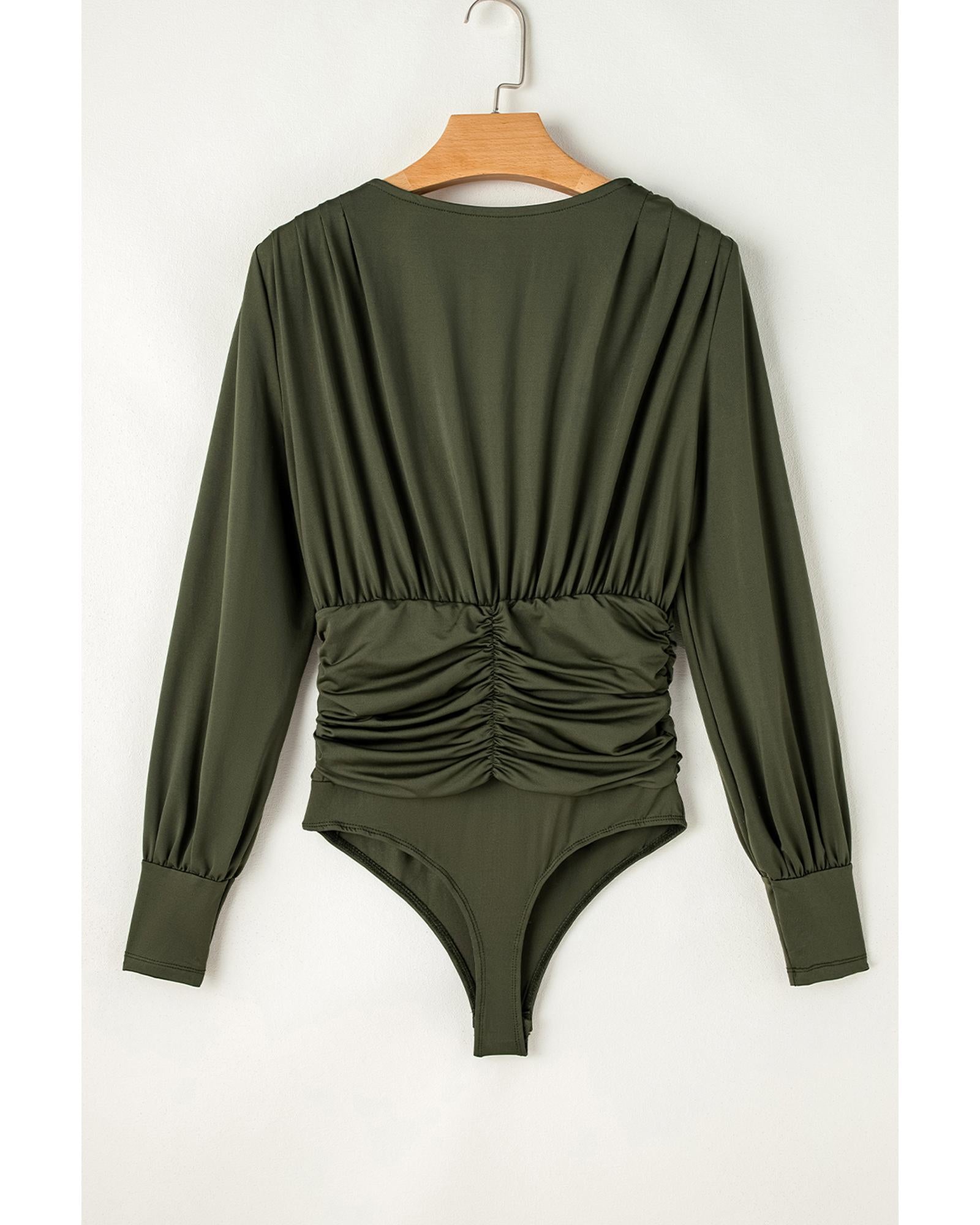Moss Green Ruched Wrap V Neck Long Sleeve Bodysuit - M 7