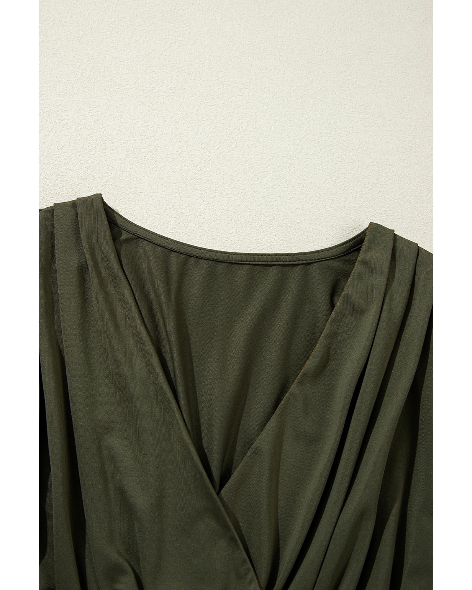 Moss Green Ruched Wrap V Neck Long Sleeve Bodysuit - S